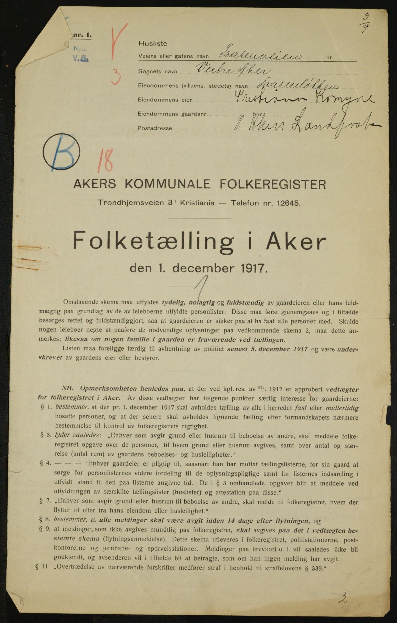 OBA, Municipal Census 1917 for Aker, 1917, p. 11688