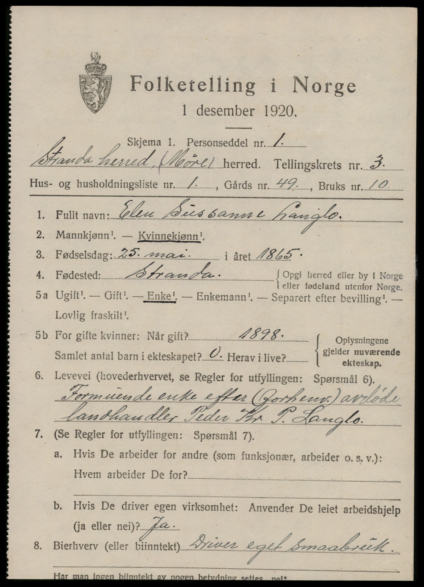 SAT, 1920 census for Stranda, 1920, p. 1589