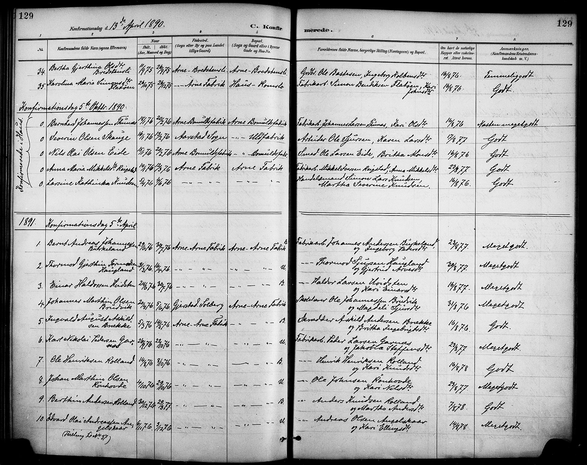 Haus sokneprestembete, SAB/A-75601/H/Haa/Haad/L0001: Parish register (official) no. D 1, 1887-1898, p. 129