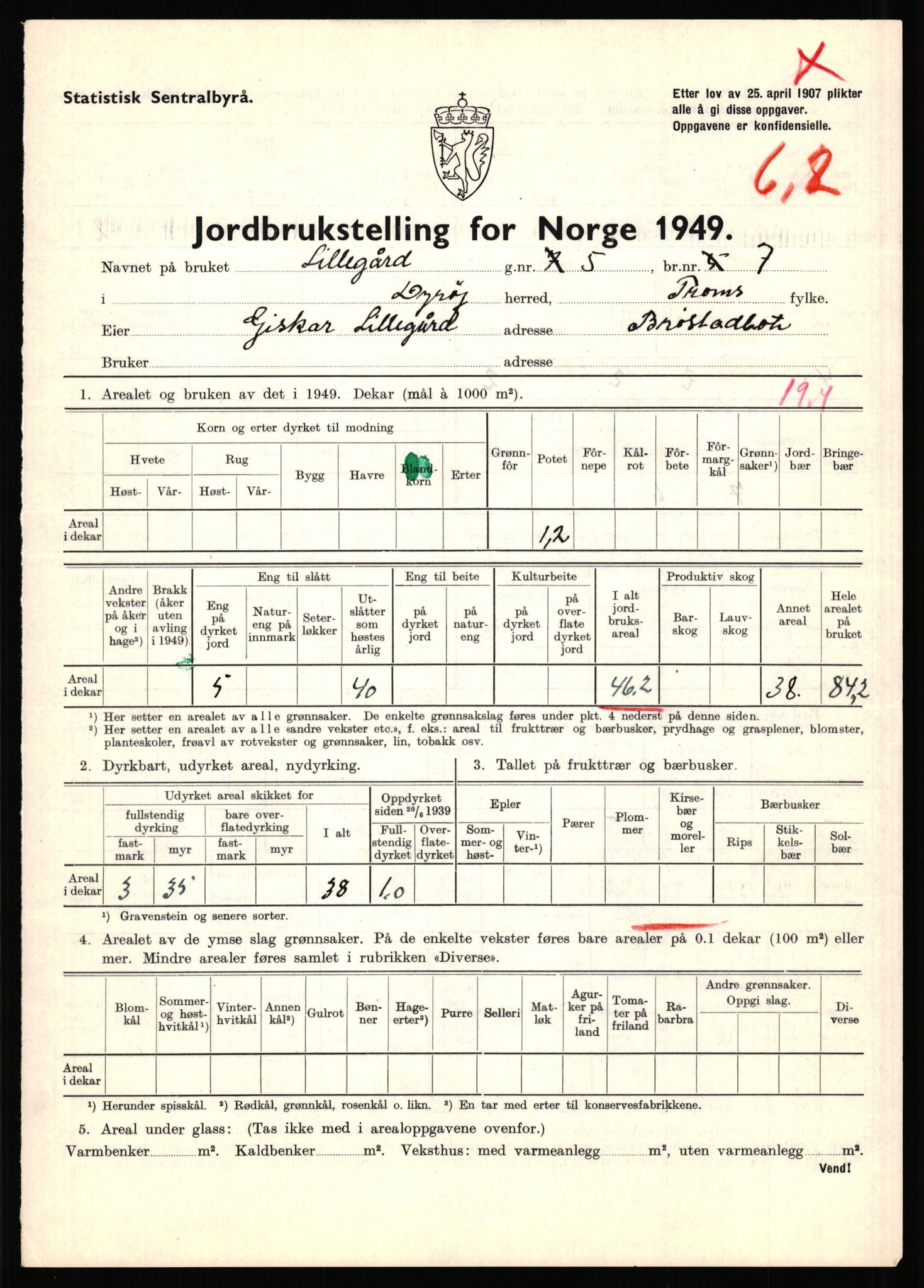 Statistisk sentralbyrå, Næringsøkonomiske emner, Jordbruk, skogbruk, jakt, fiske og fangst, AV/RA-S-2234/G/Gc/L0440: Troms: Sørreisa og Dyrøy, 1949, p. 1517