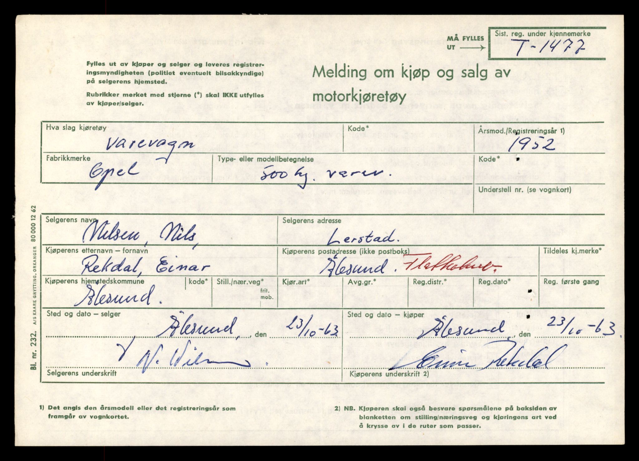 Møre og Romsdal vegkontor - Ålesund trafikkstasjon, SAT/A-4099/F/Fe/L0013: Registreringskort for kjøretøy T 1451 - T 1564, 1927-1998, p. 485