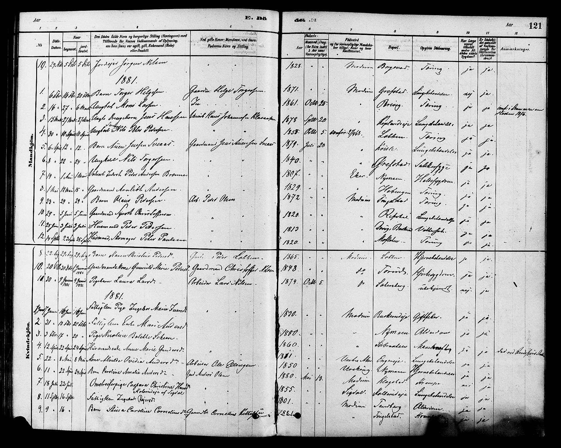 Modum kirkebøker, SAKO/A-234/F/Fa/L0015: Parish register (official) no. 15 /1, 1877-1889, p. 121