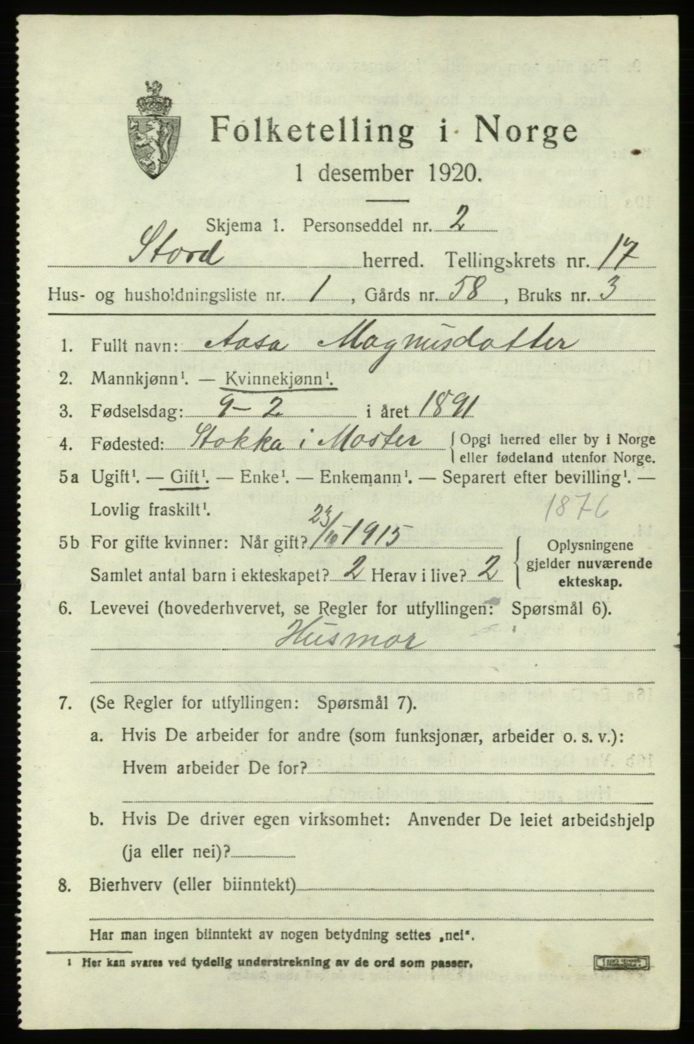 SAB, 1920 census for Stord, 1920, p. 9415