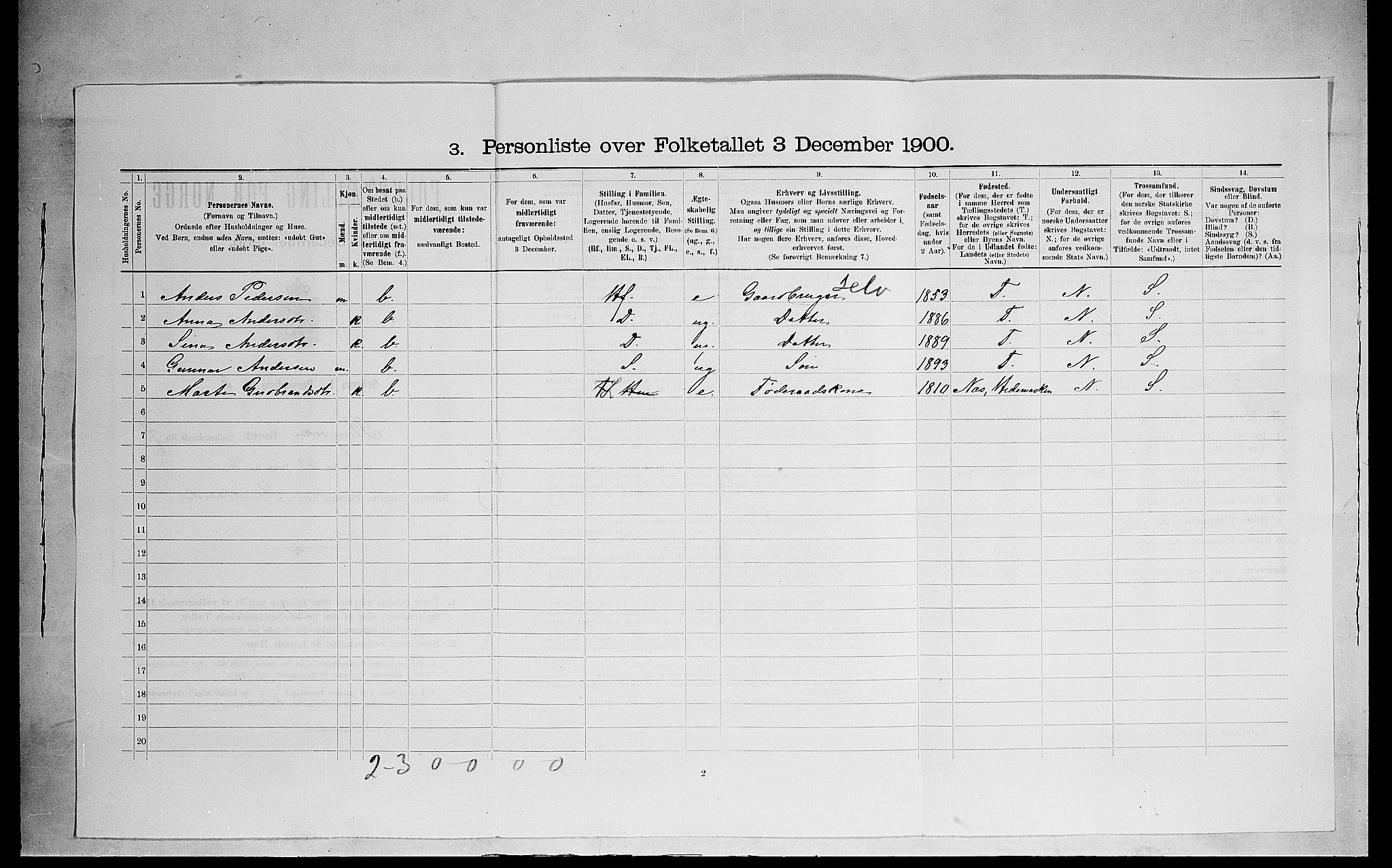 SAH, 1900 census for Ringsaker, 1900, p. 1405