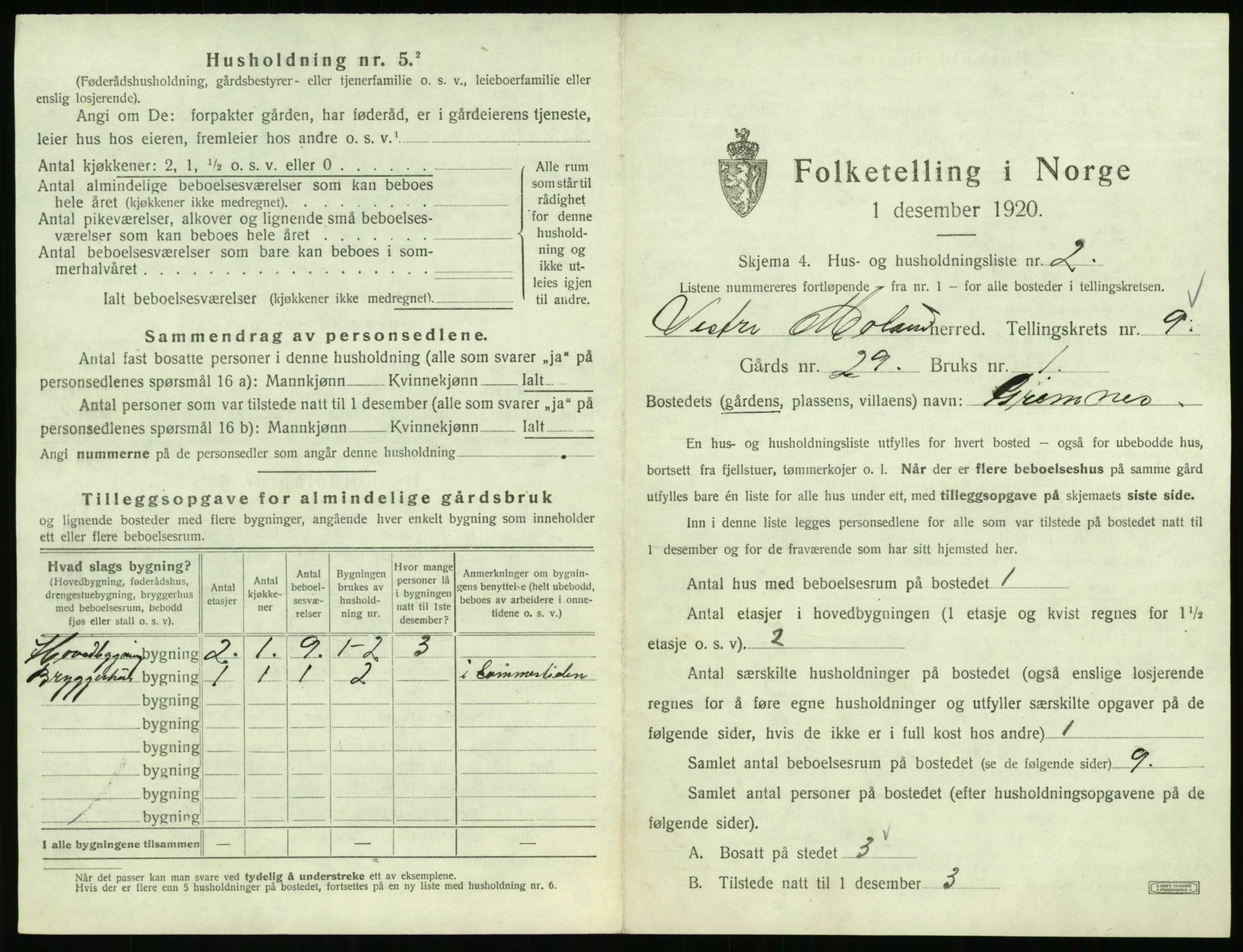 SAK, 1920 census for Vestre Moland, 1920, p. 1033