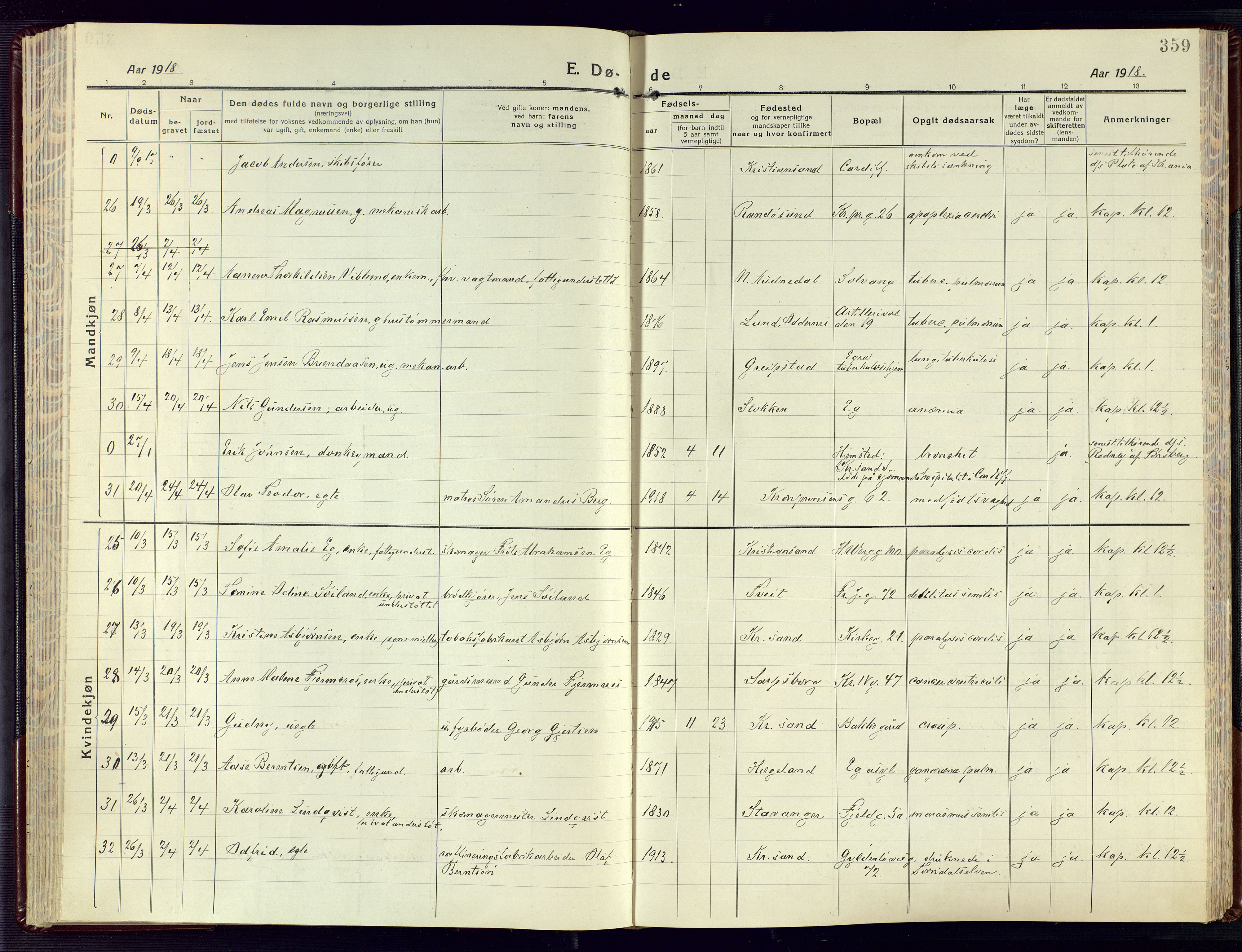 Kristiansand domprosti, AV/SAK-1112-0006/F/Fa/L0028: Parish register (official) no. A 27, 1917-1926, p. 359