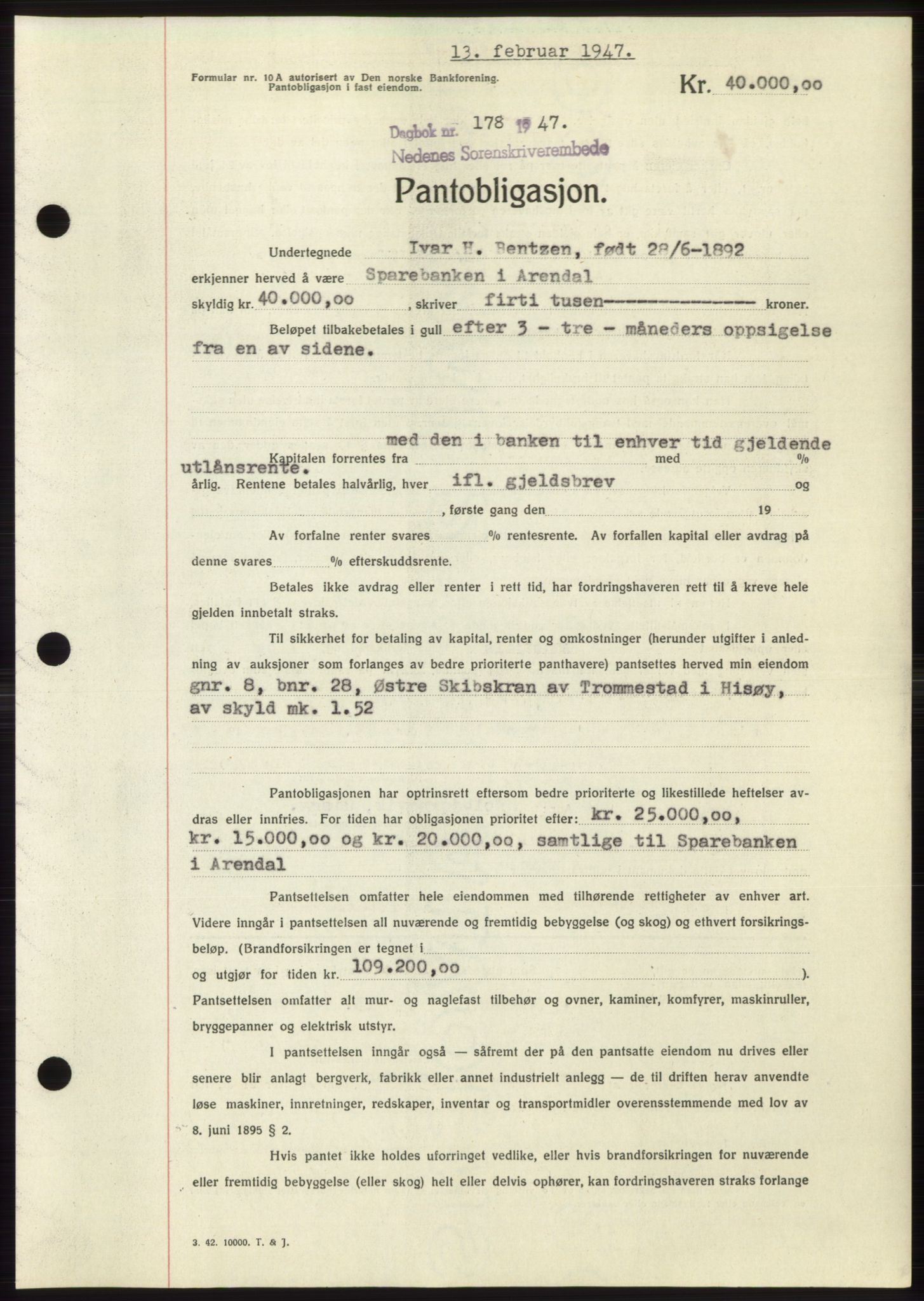 Nedenes sorenskriveri, AV/SAK-1221-0006/G/Gb/Gbb/L0004: Mortgage book no. B4, 1947-1947, Diary no: : 178/1947