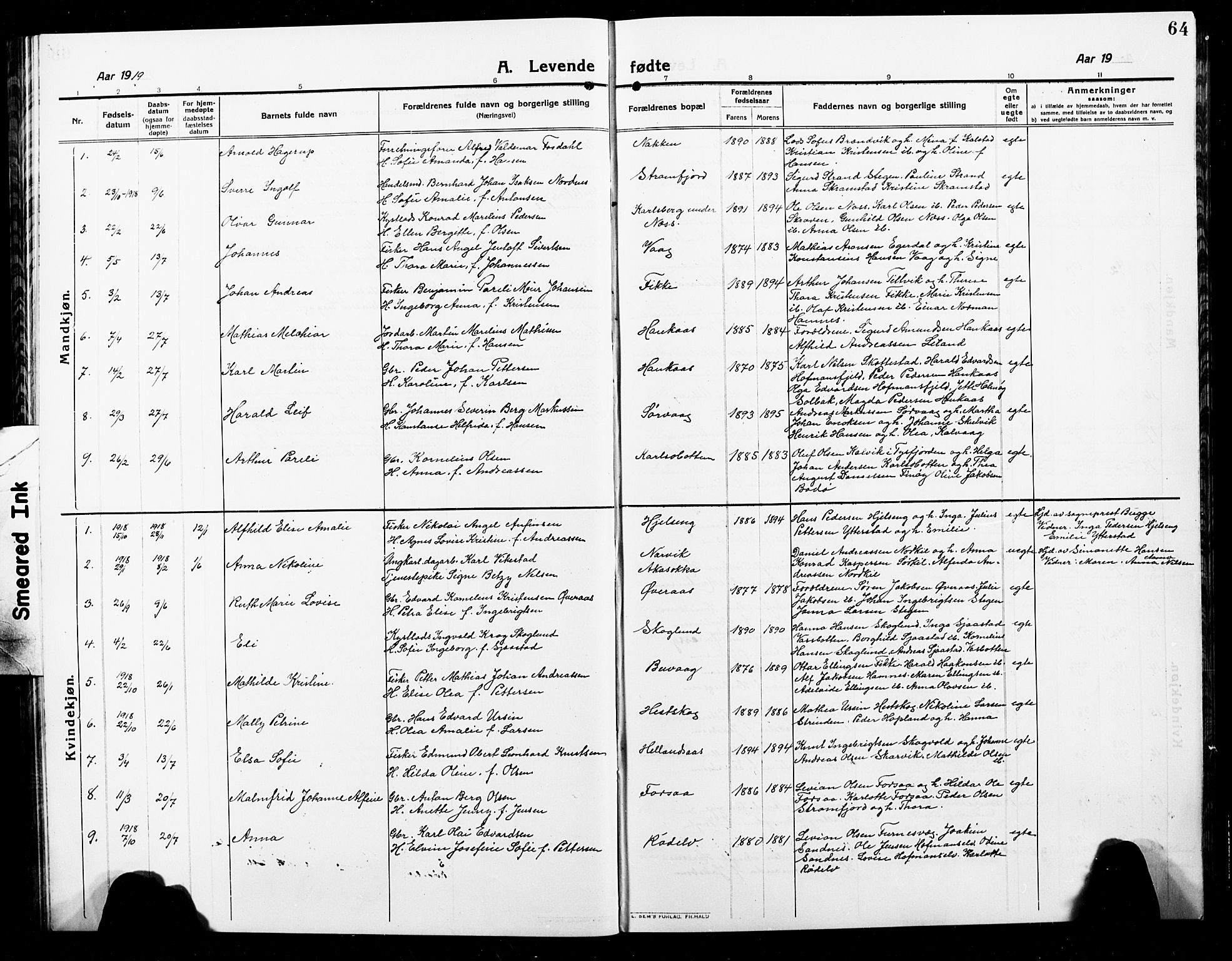 Ministerialprotokoller, klokkerbøker og fødselsregistre - Nordland, AV/SAT-A-1459/859/L0861: Parish register (copy) no. 859C07, 1910-1925, p. 64