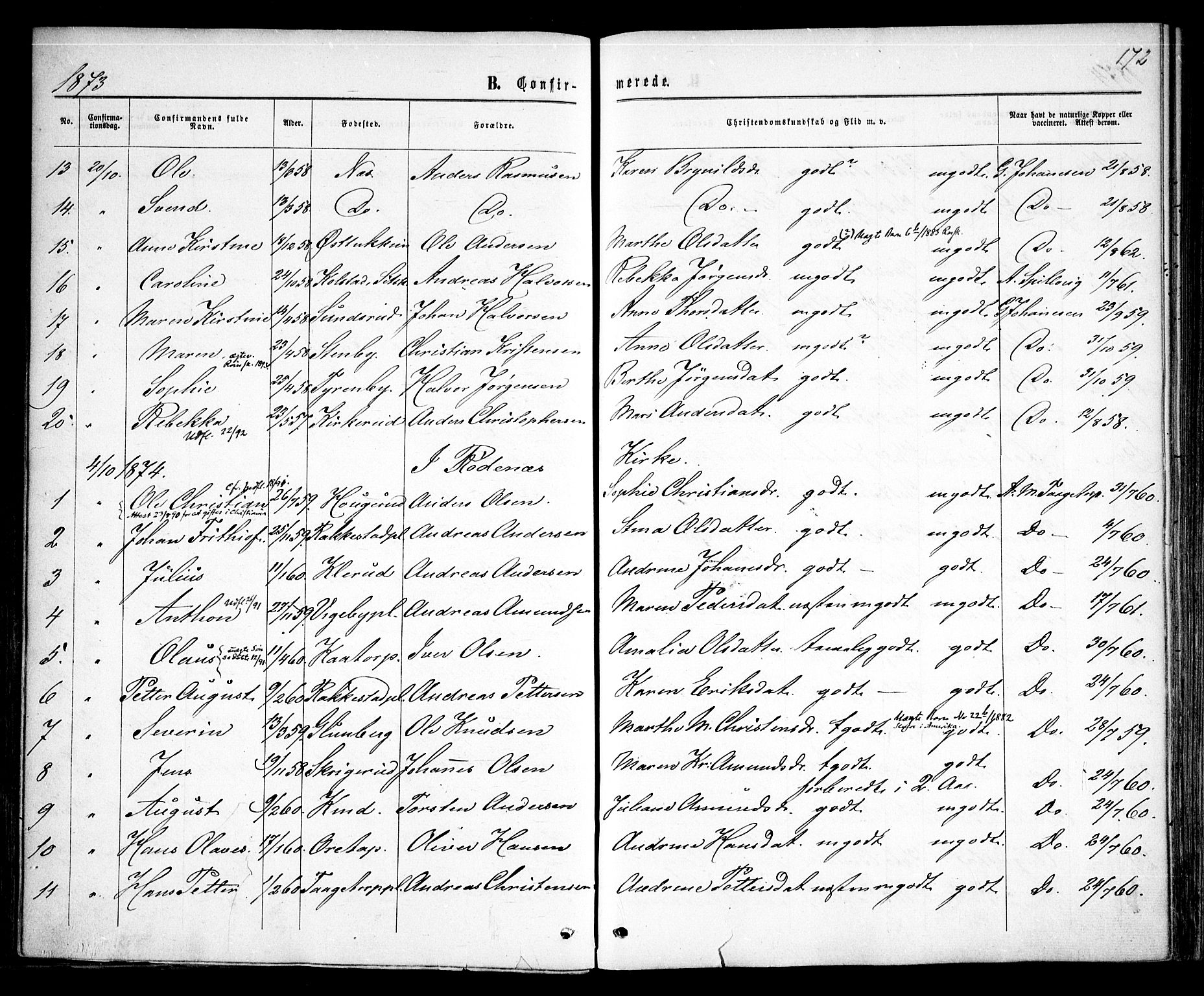 Rødenes prestekontor Kirkebøker, AV/SAO-A-2005/F/Fa/L0008: Parish register (official) no. I 8, 1869-1879, p. 172