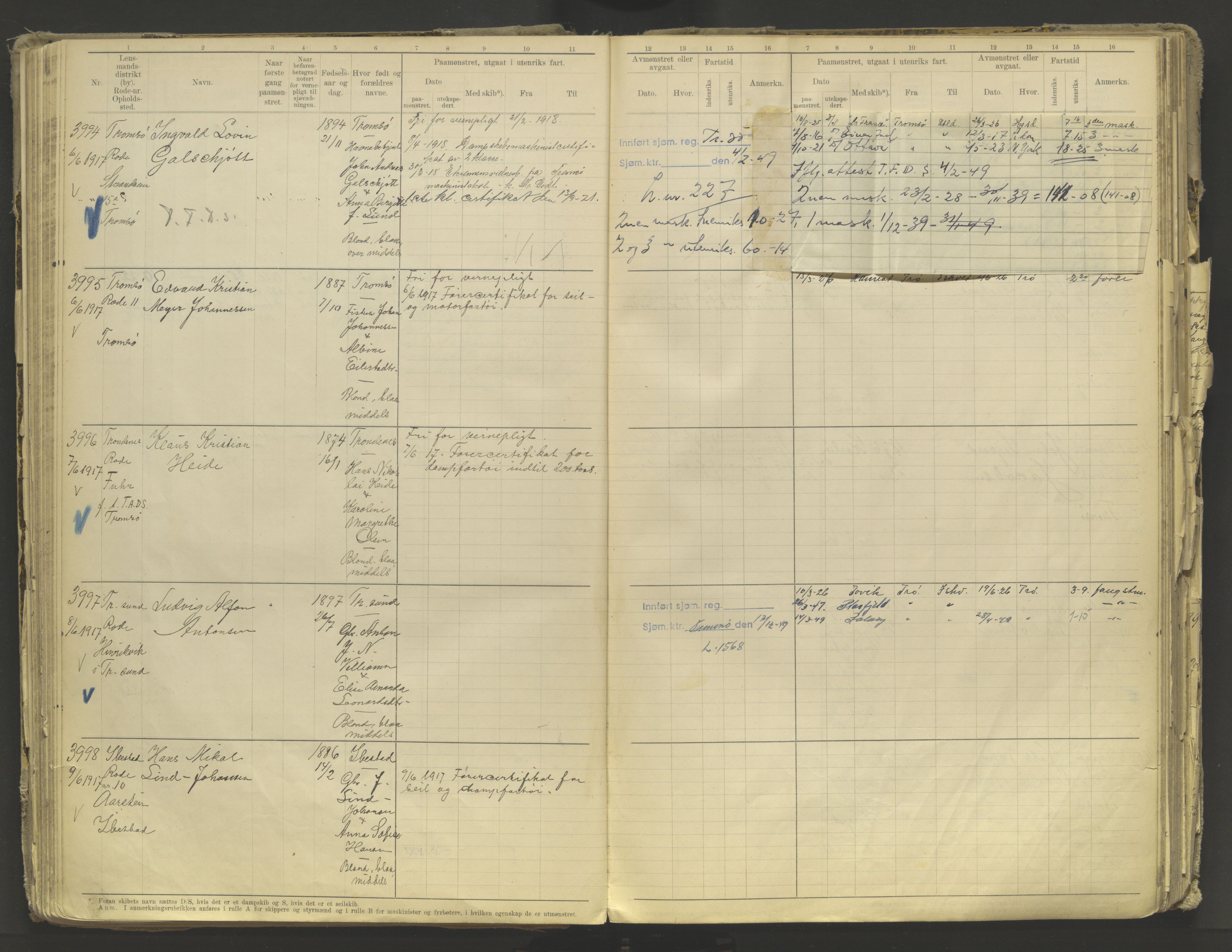 Tromsø sjømannskontor/innrullerings-/mønstringsdistrikt, AV/SATØ-S-0243/F/Fb/L0010: Annotasjonsrulle. Defekt: løs innbinding. Nr. 3519-4972, 1916-1920