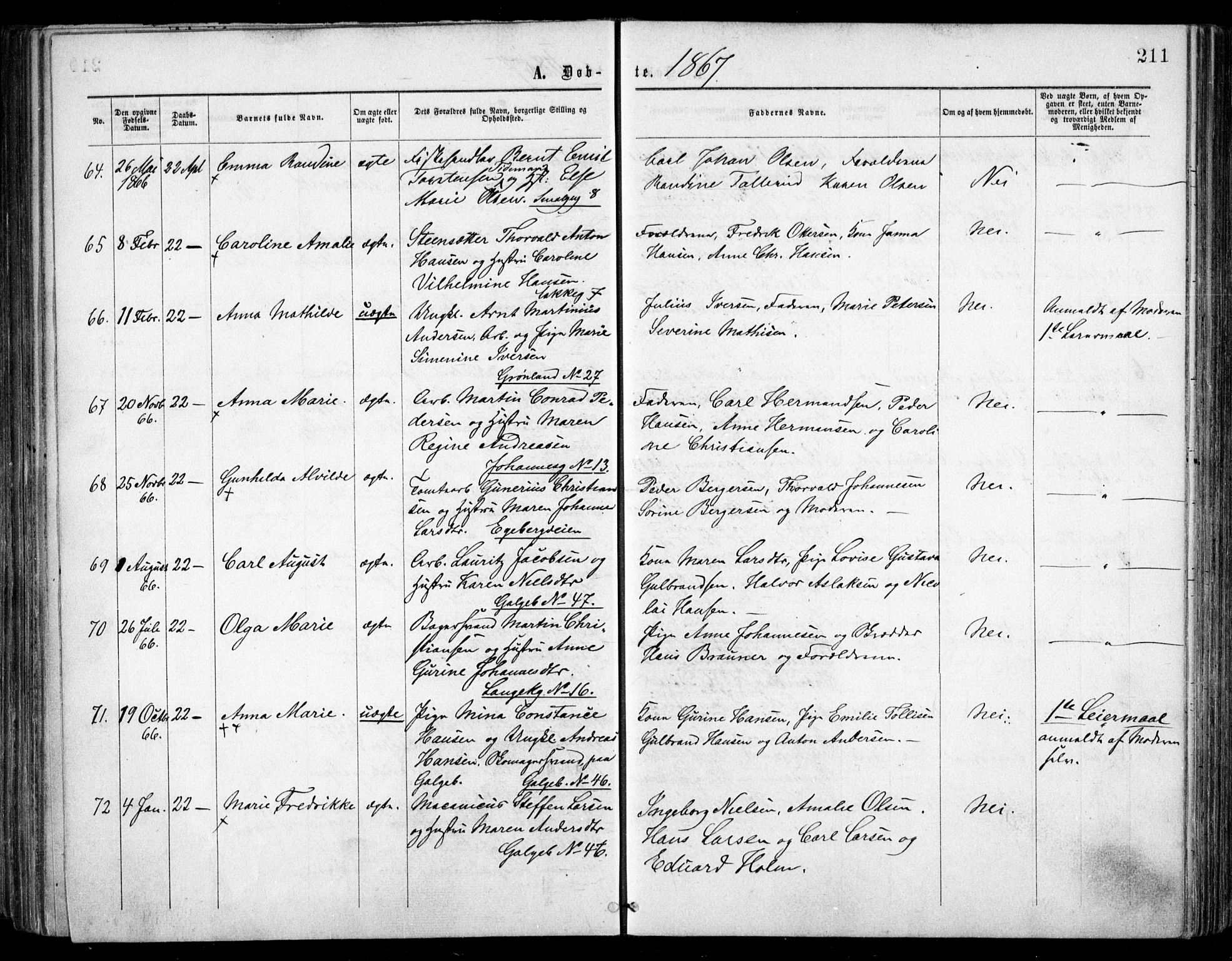 Grønland prestekontor Kirkebøker, AV/SAO-A-10848/F/Fa/L0002: Parish register (official) no. 2, 1862-1868, p. 211