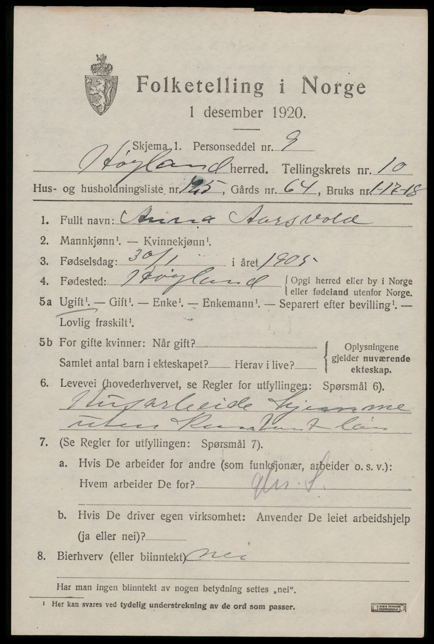 SAST, 1920 census for Høyland, 1920, p. 8664