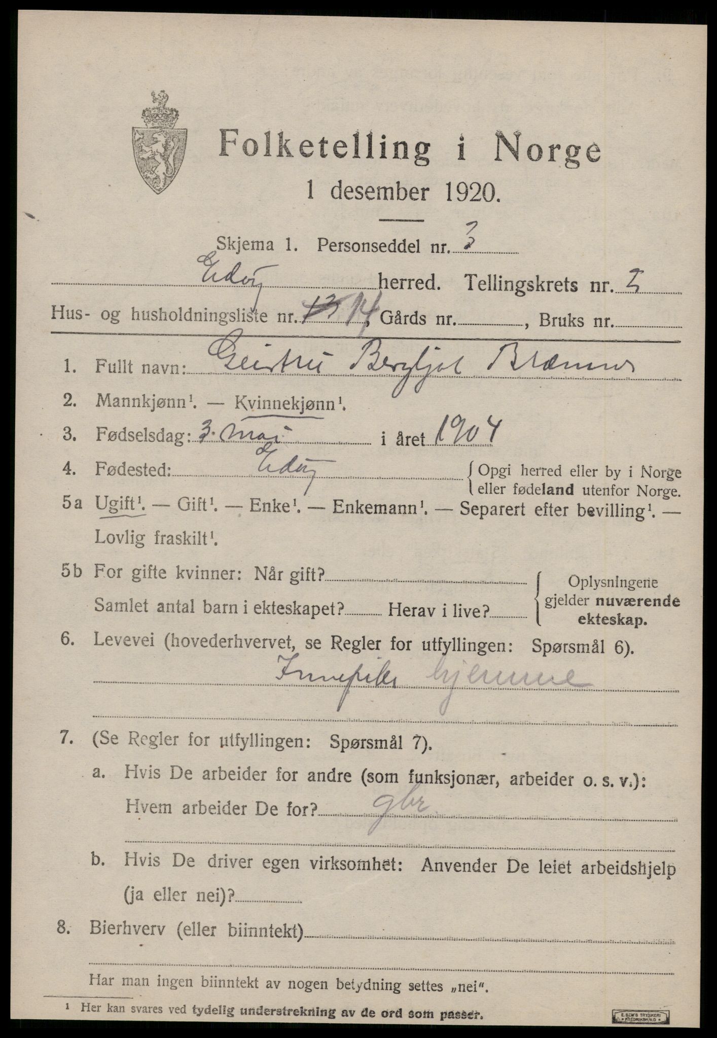 SAT, 1920 census for Edøy, 1920, p. 912