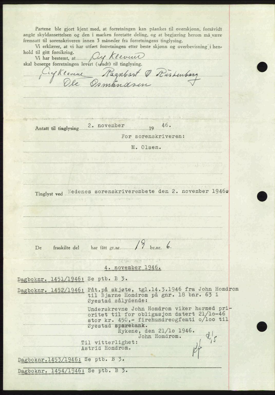 Nedenes sorenskriveri, AV/SAK-1221-0006/G/Gb/Gba/L0056: Mortgage book no. A8, 1946-1947, Diary no: : 1450/1946