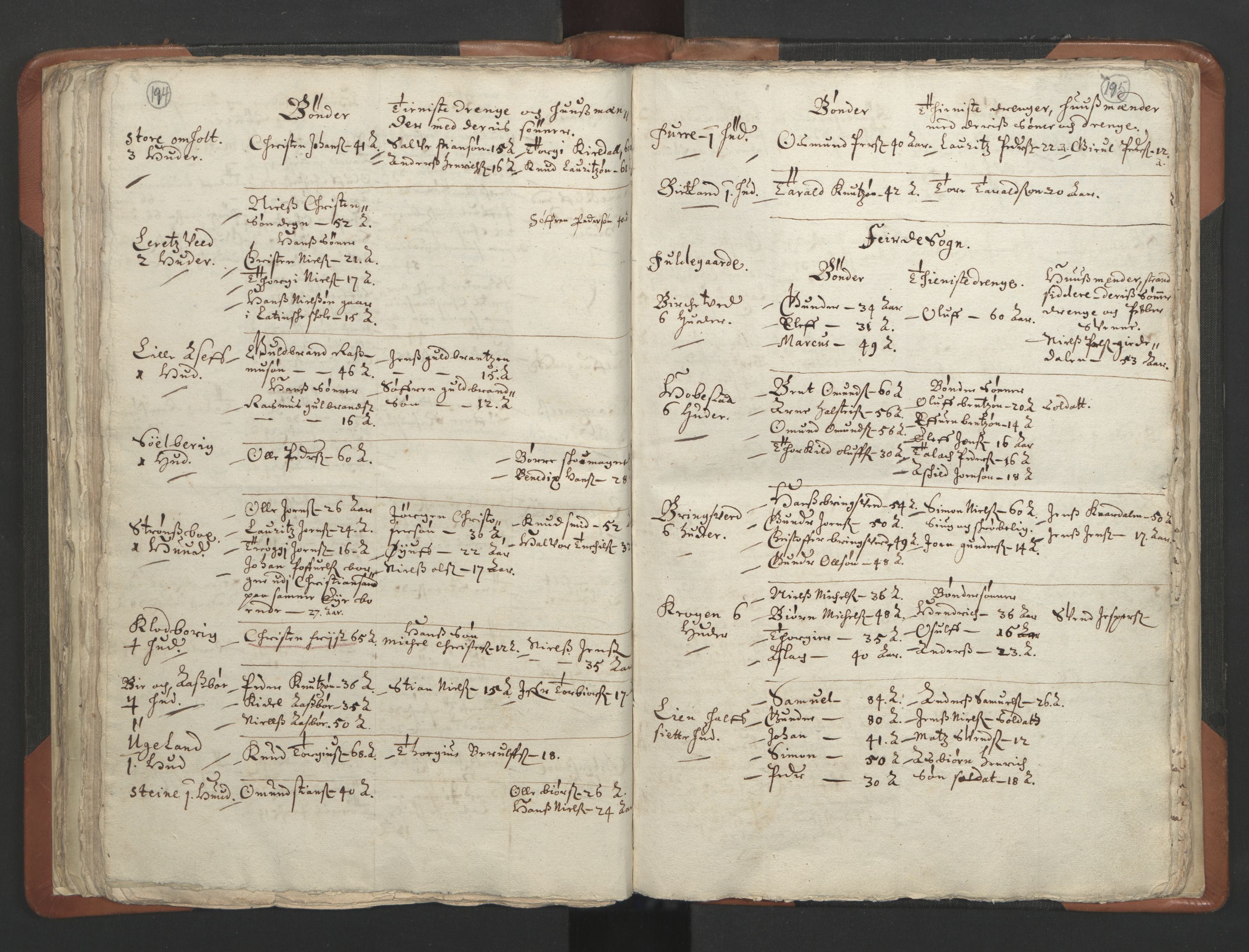 RA, Vicar's Census 1664-1666, no. 13: Nedenes deanery, 1664-1666, p. 194-195