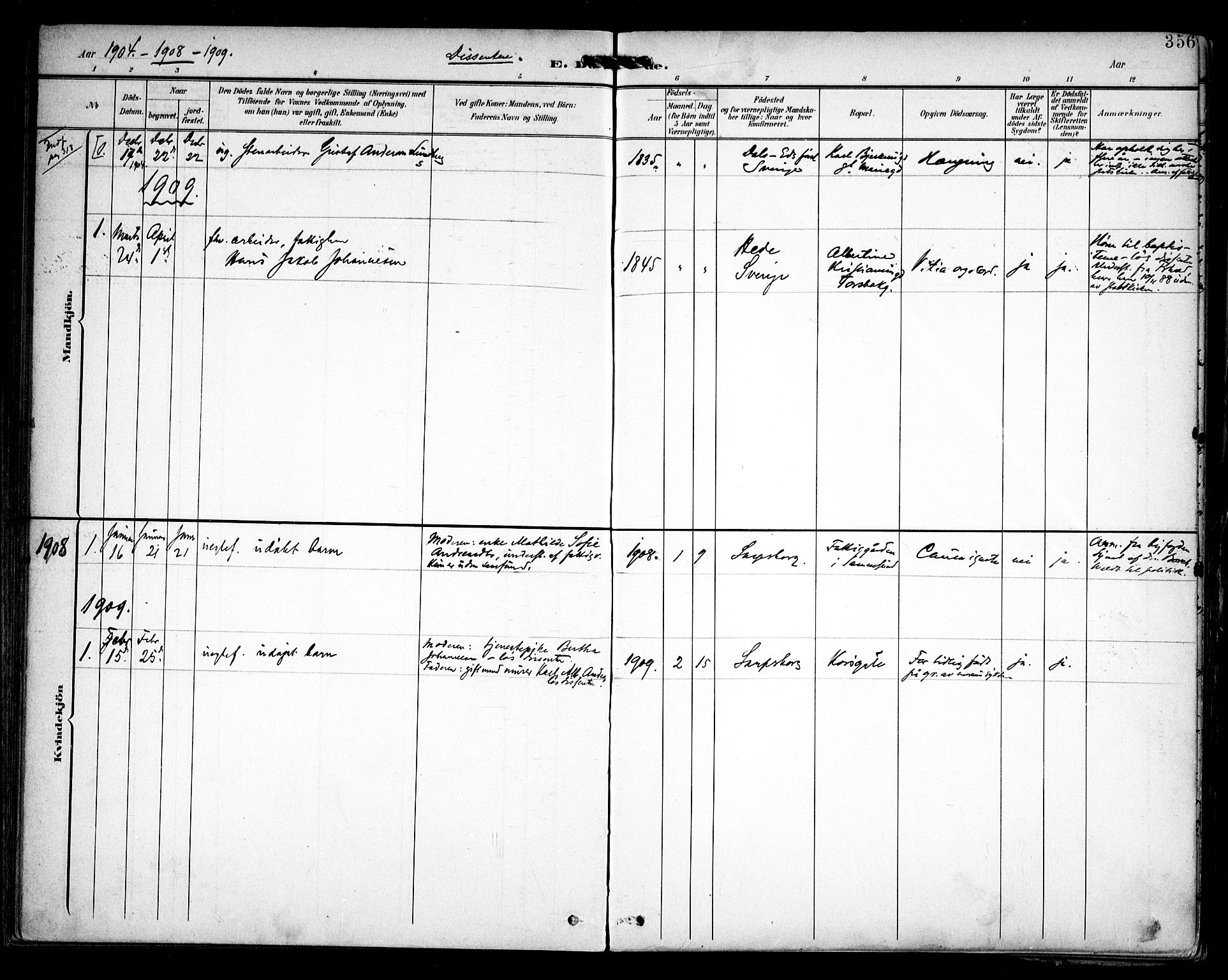 Sarpsborg prestekontor Kirkebøker, SAO/A-2006/F/Fa/L0006: Parish register (official) no. 6, 1900-1909, p. 356