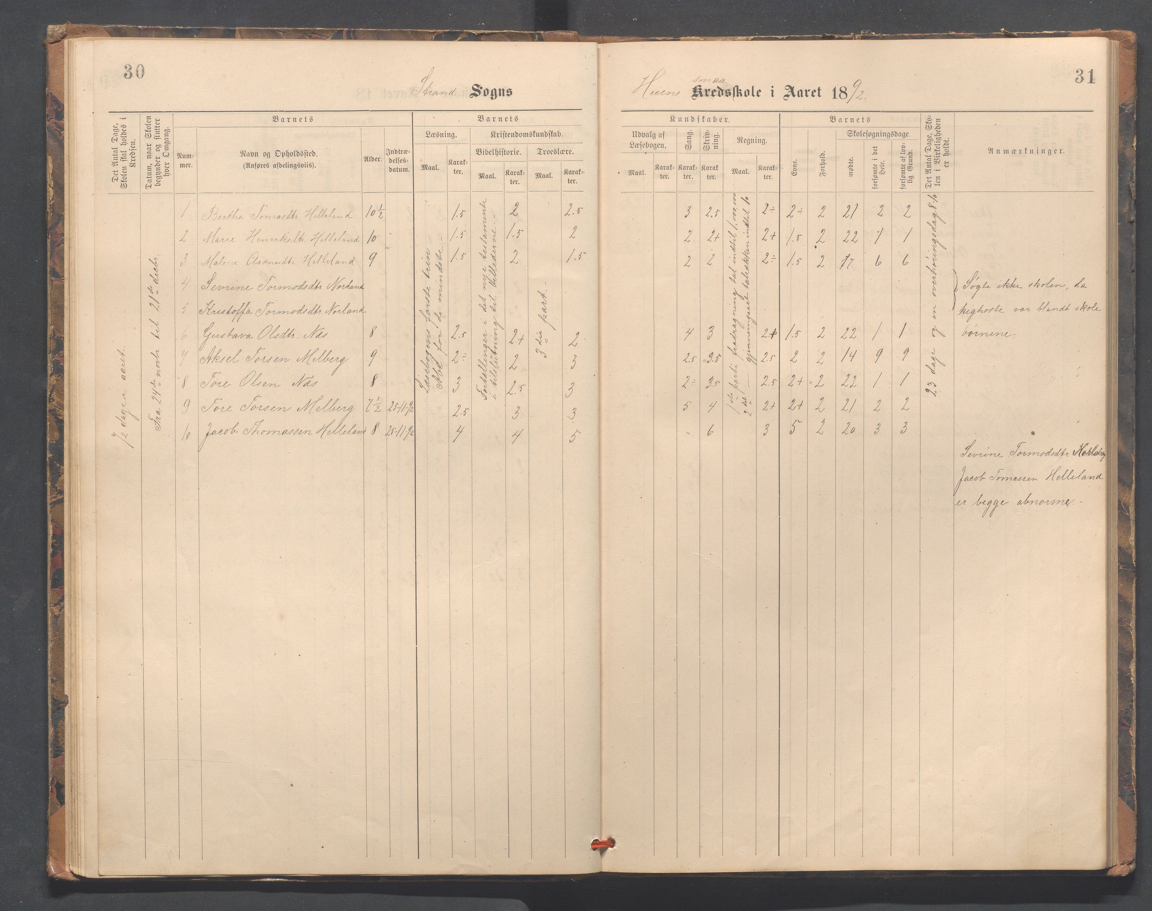 Strand kommune - Fiskå skole, IKAR/A-155/H/L0002: Skoleprotokoll for Fiskå, Heien, Jøssang, Sørbygda og Fjelde krets, 1888-1900, p. 30-31