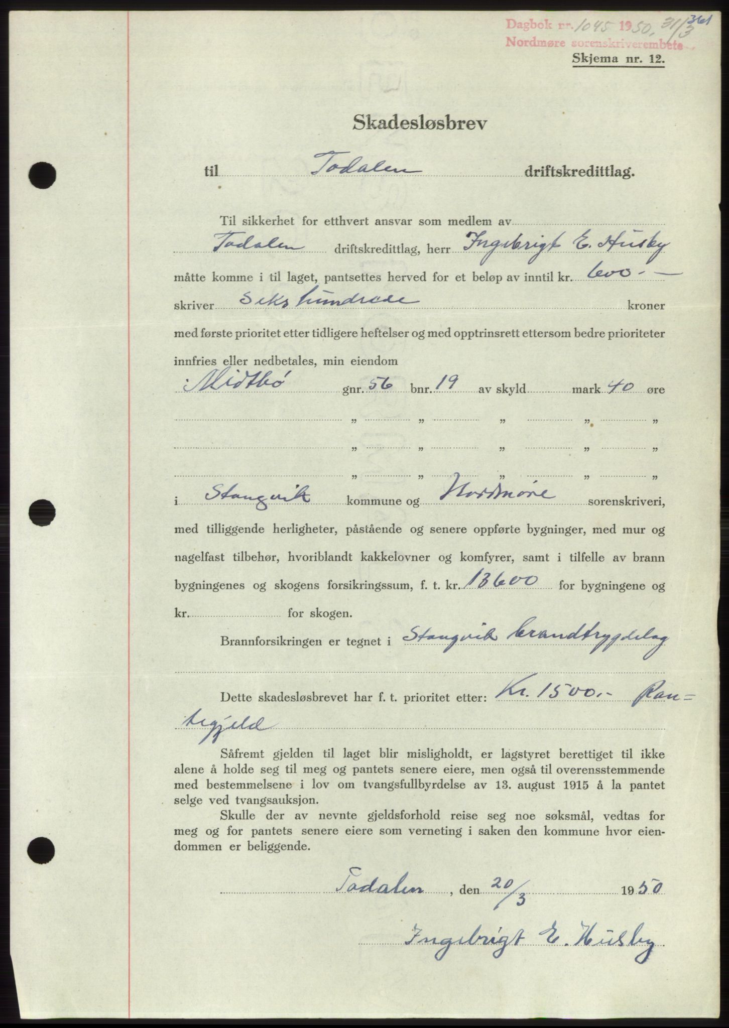 Nordmøre sorenskriveri, AV/SAT-A-4132/1/2/2Ca: Mortgage book no. B104, 1950-1950, Diary no: : 1045/1950