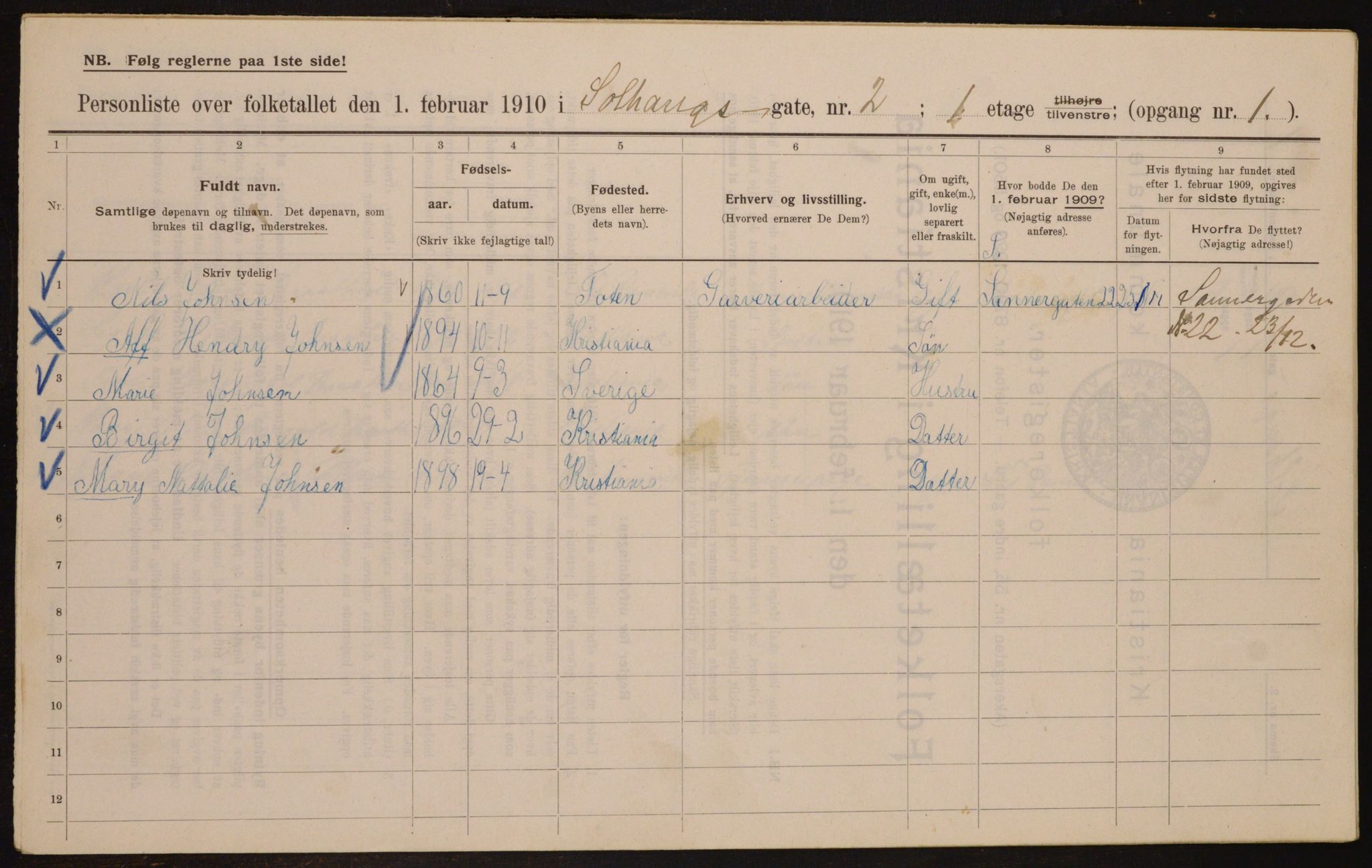 OBA, Municipal Census 1910 for Kristiania, 1910, p. 94730