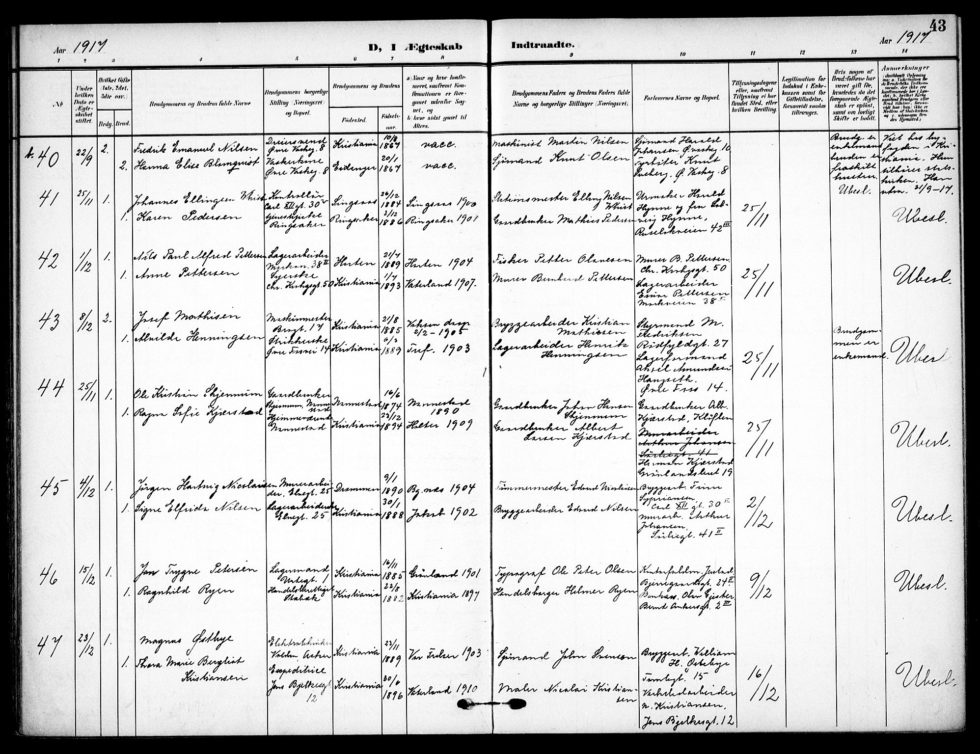 Vaterland prestekontor Kirkebøker, AV/SAO-A-10880/F/Fa/L0002: Parish register (official) no. 2, 1907-1921, p. 43