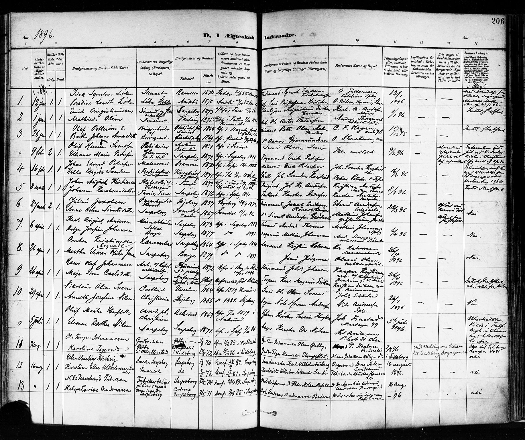 Sarpsborg prestekontor Kirkebøker, SAO/A-2006/F/Fa/L0004: Parish register (official) no. 4, 1892-1899, p. 206