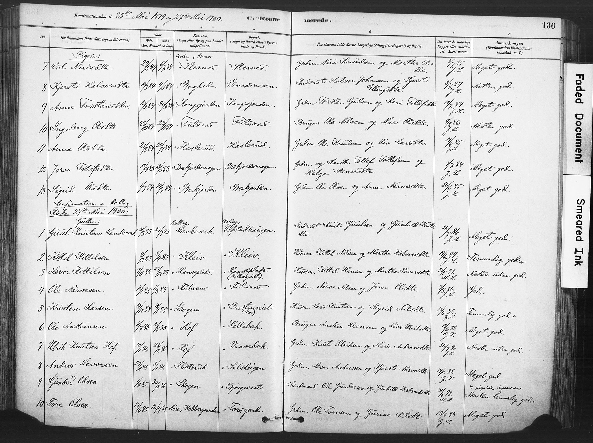 Rollag kirkebøker, SAKO/A-240/F/Fa/L0011: Parish register (official) no. I 11, 1878-1902, p. 136