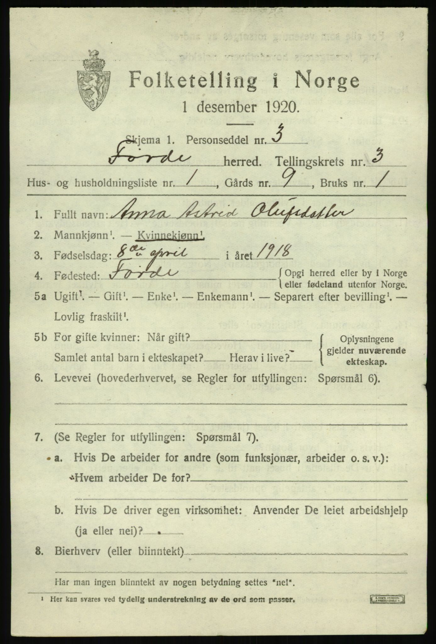 SAB, 1920 census for Førde, 1920, p. 1544