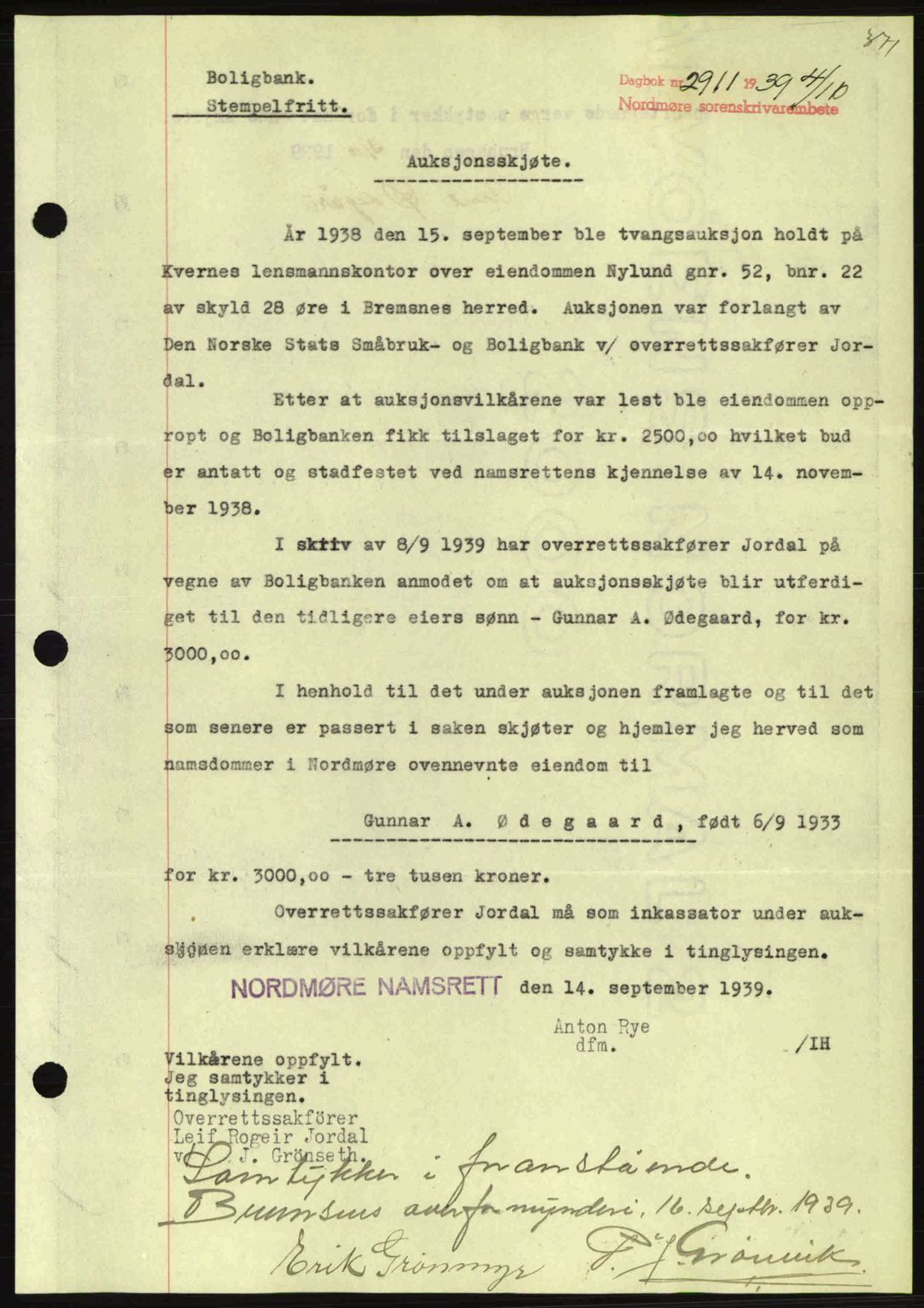 Nordmøre sorenskriveri, AV/SAT-A-4132/1/2/2Ca: Mortgage book no. A87, 1939-1940, Diary no: : 2911/1939