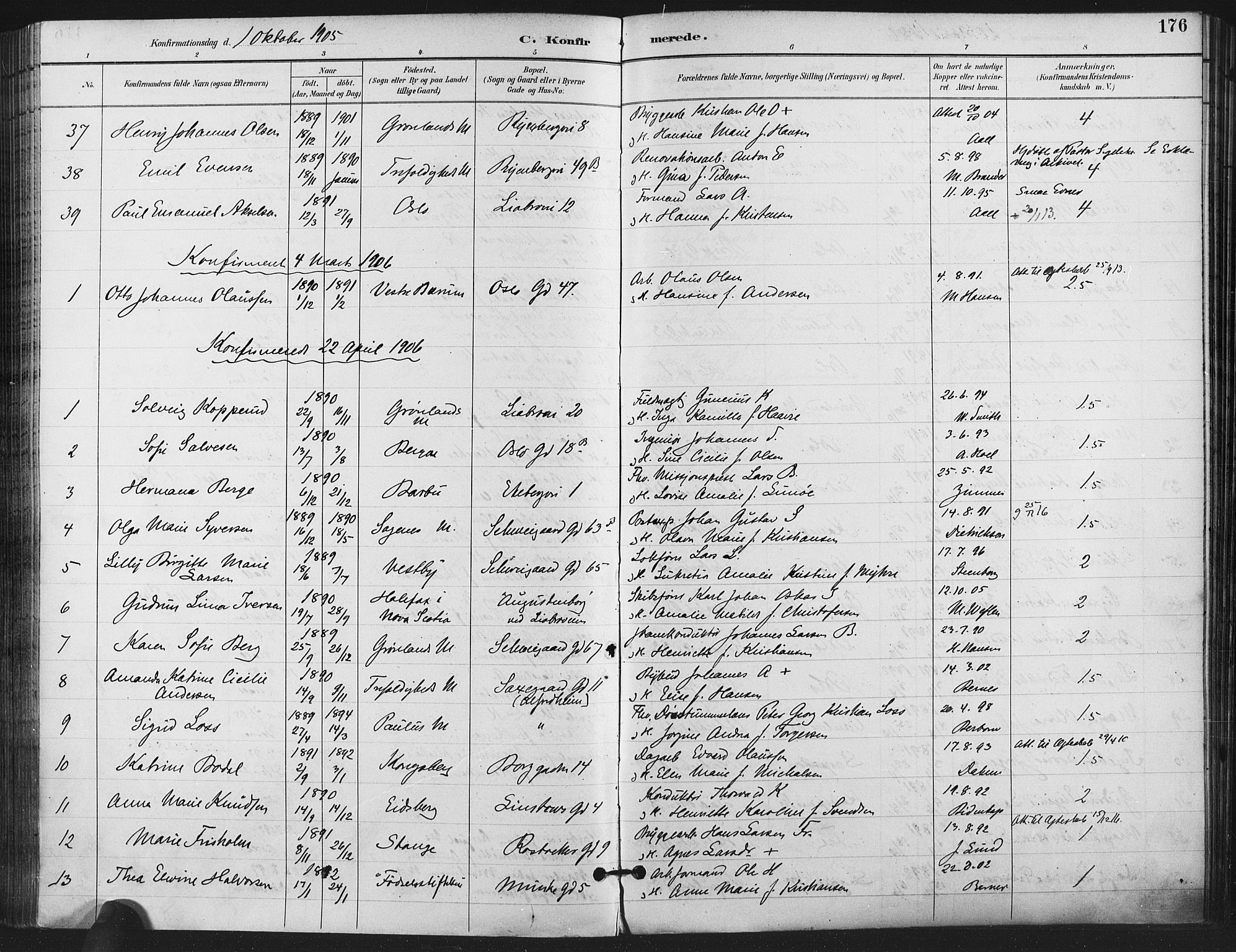 Gamlebyen prestekontor Kirkebøker, SAO/A-10884/F/Fa/L0008: Parish register (official) no. 8, 1891-1908, p. 176