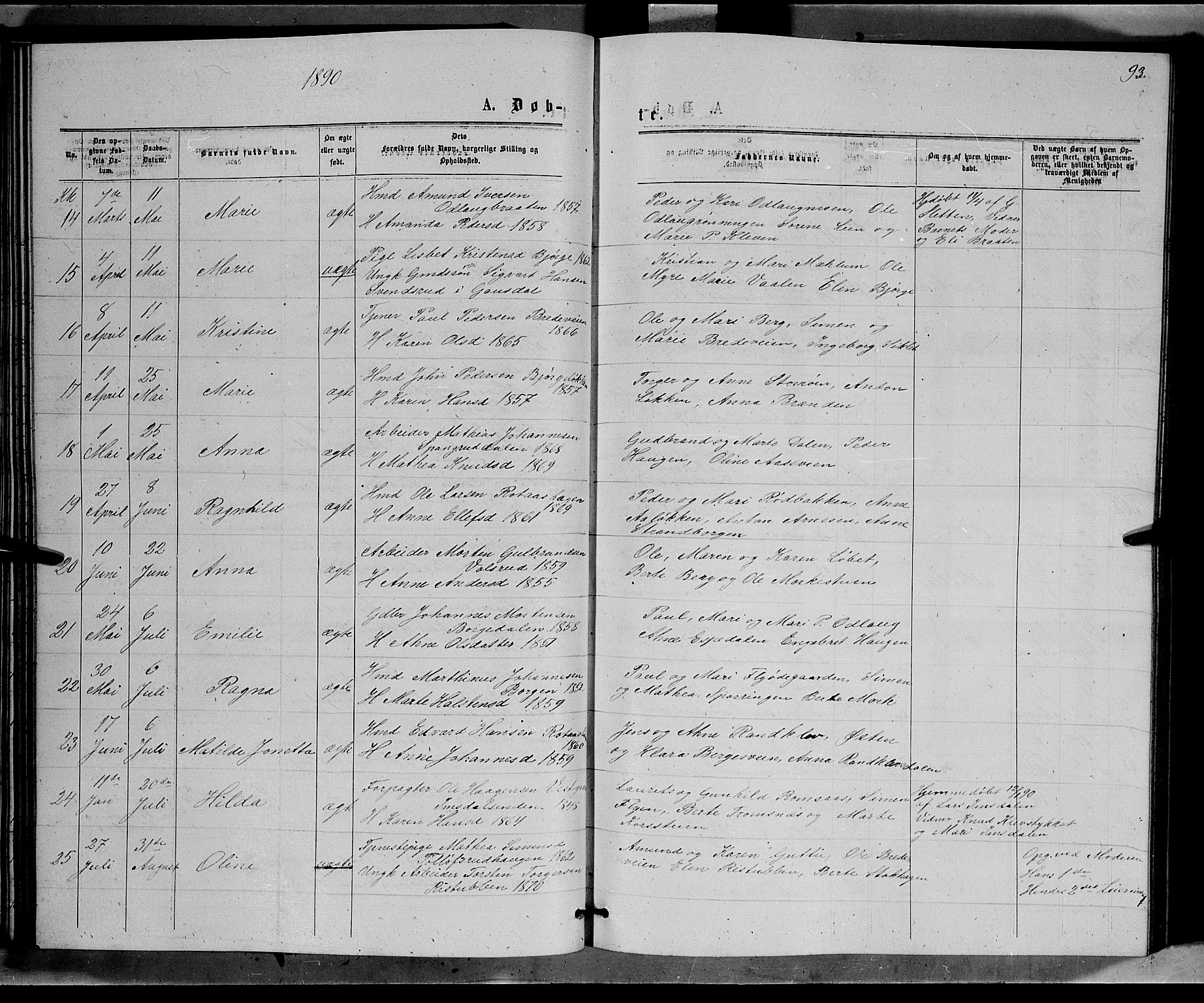 Ringebu prestekontor, AV/SAH-PREST-082/H/Ha/Hab/L0006: Parish register (copy) no. 6, 1880-1898, p. 93