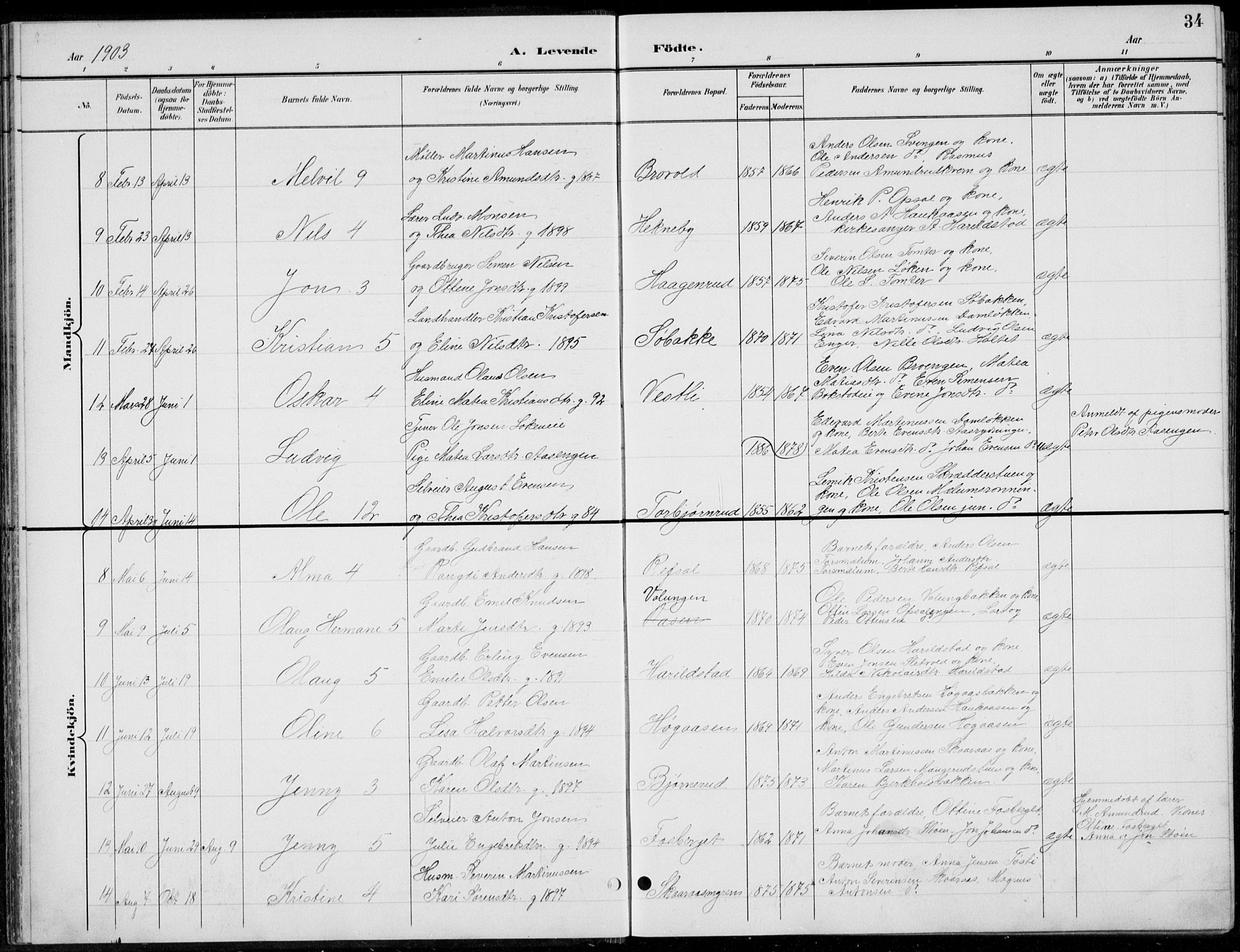 Romedal prestekontor, AV/SAH-PREST-004/L/L0013: Parish register (copy) no. 13, 1896-1937, p. 34