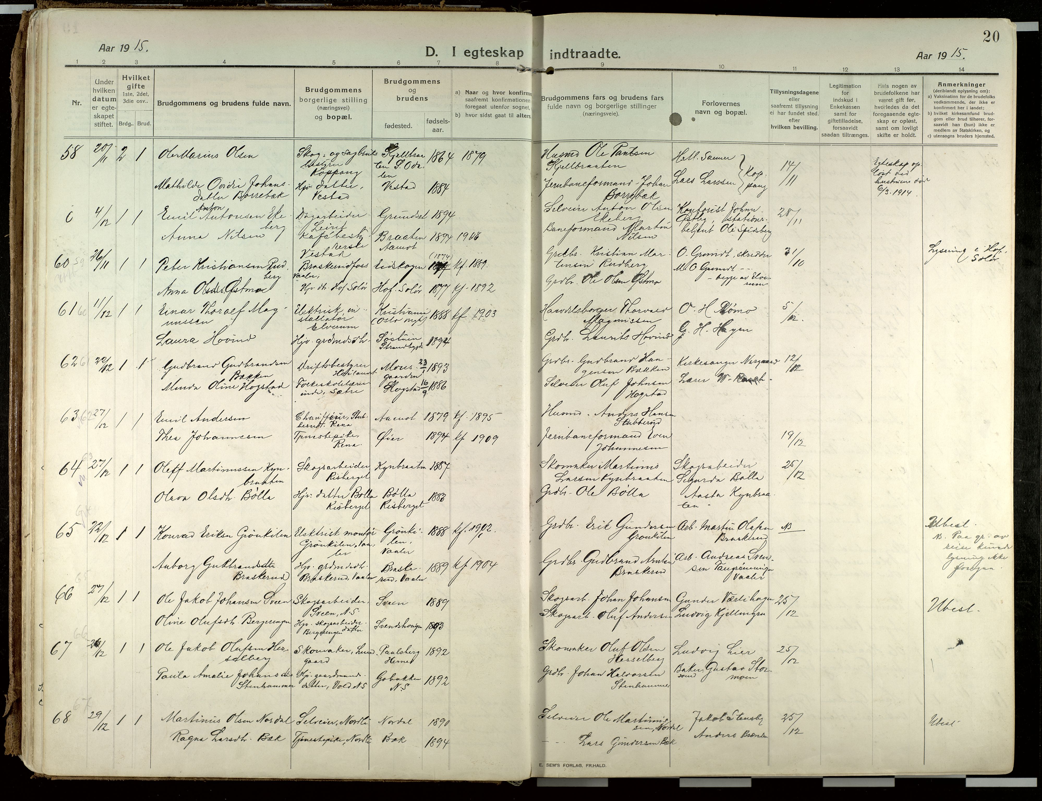 Elverum prestekontor, AV/SAH-PREST-044/H/Ha/Haa/L0021: Parish register (official) no. 21, 1913-1928, p. 20