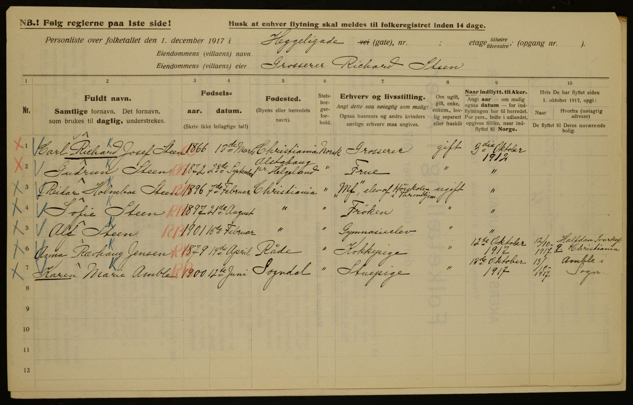 OBA, Municipal Census 1917 for Aker, 1917, p. 67