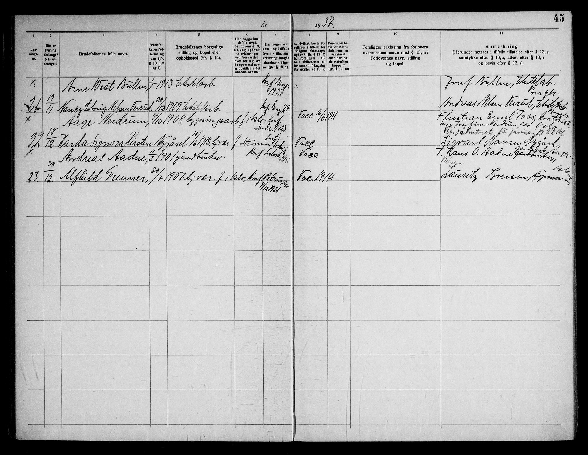 Strømm kirkebøker, AV/SAKO-A-322/H/Ha/L0003: Banns register no. 3, 1919-1958, p. 45