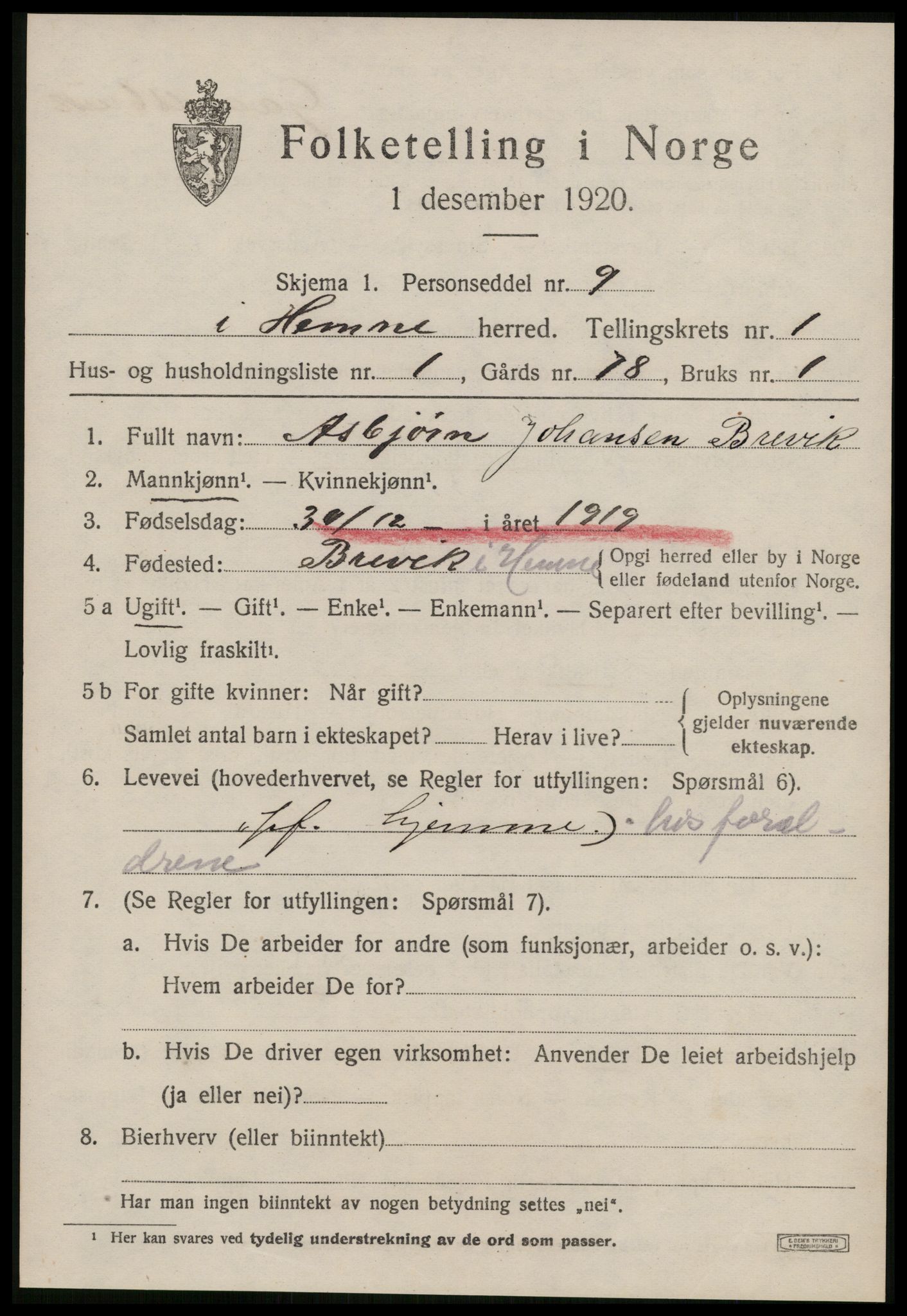SAT, 1920 census for Hemne, 1920, p. 1252