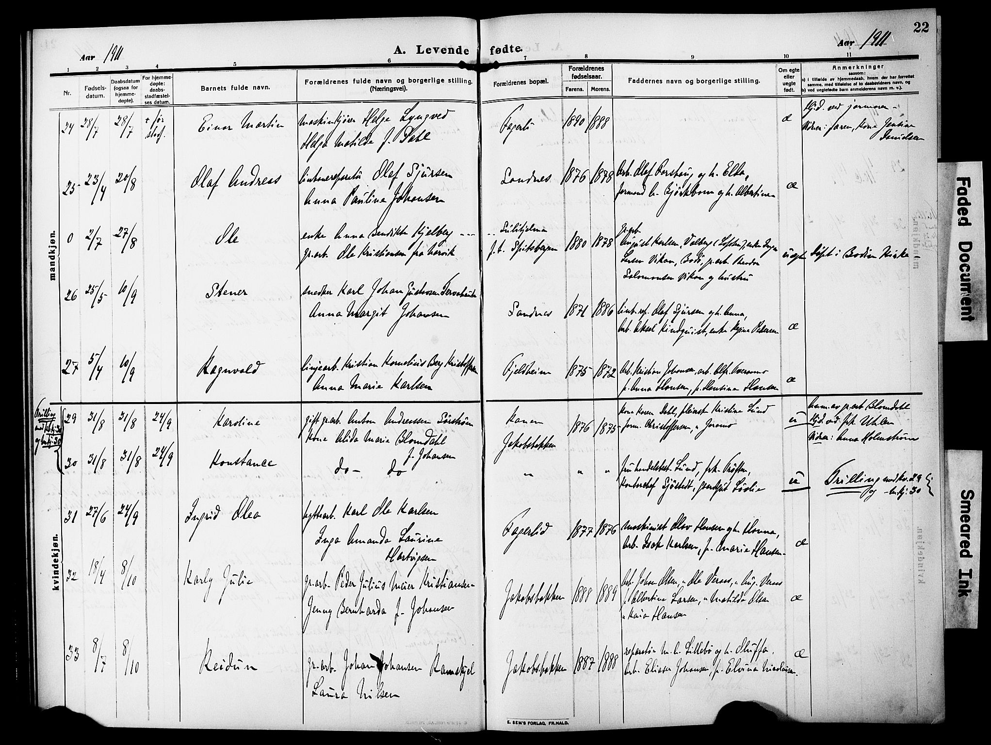 Ministerialprotokoller, klokkerbøker og fødselsregistre - Nordland, AV/SAT-A-1459/850/L0710: Parish register (official) no. 850A02, 1910-1920, p. 22