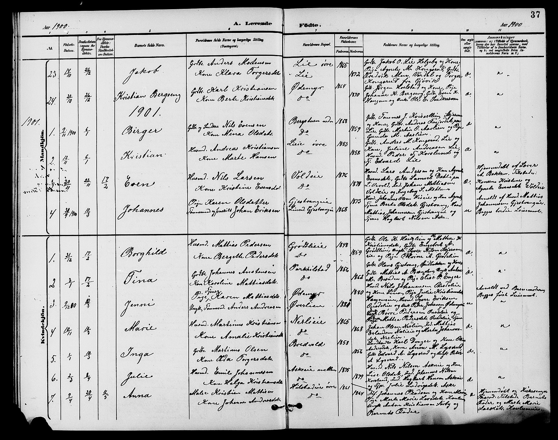 Nes prestekontor, Hedmark, AV/SAH-PREST-020/L/La/L0007: Parish register (copy) no. 7, 1892-1912, p. 37