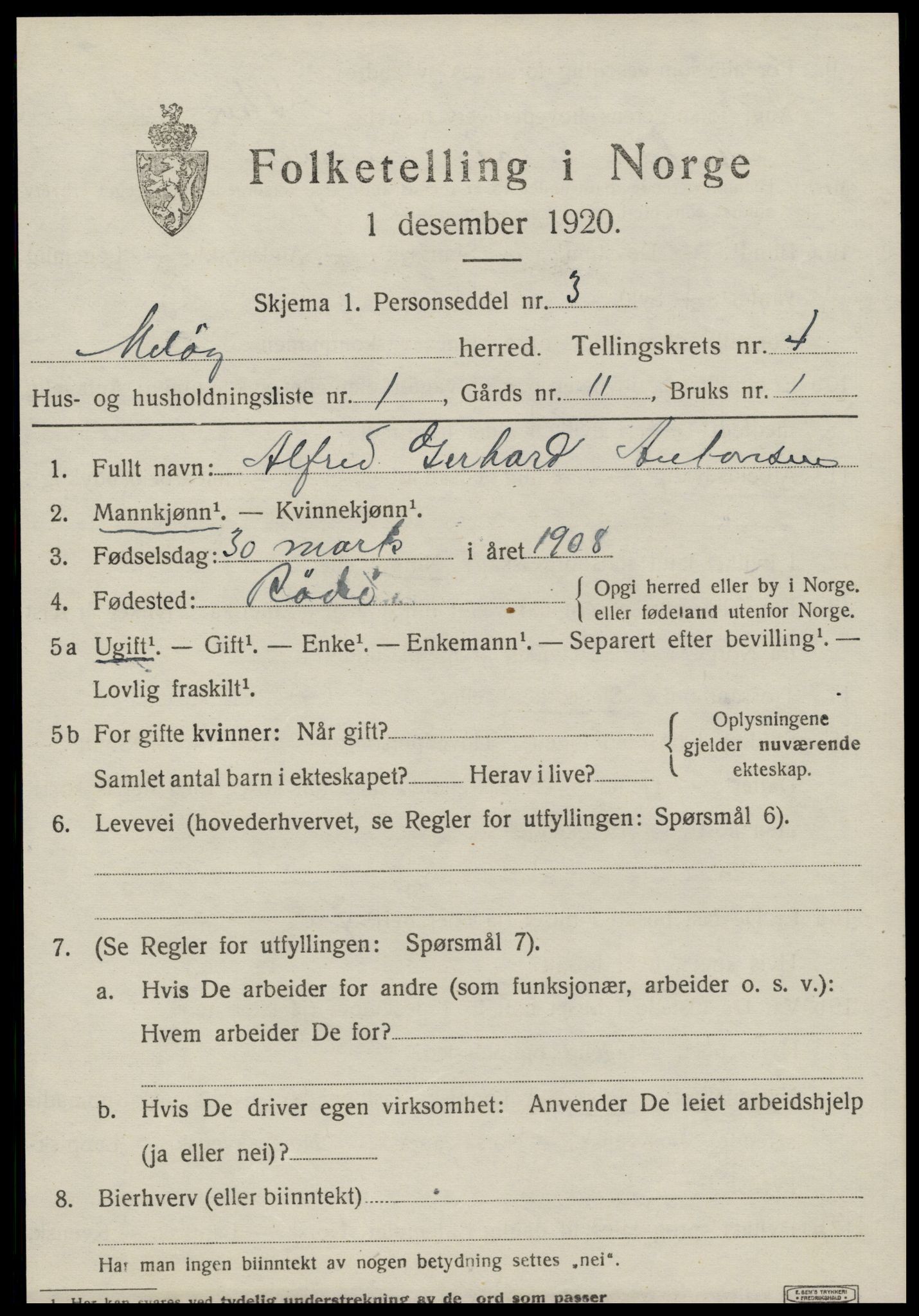 SAT, 1920 census for Meløy, 1920, p. 2777