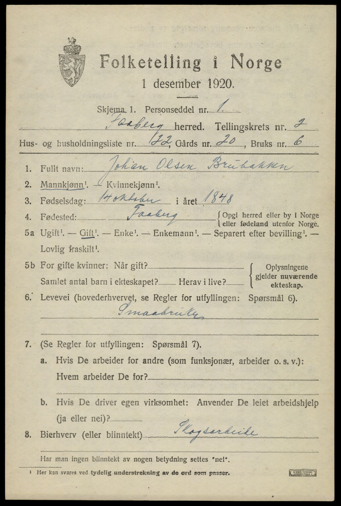 SAH, 1920 census for Fåberg, 1920, p. 3490