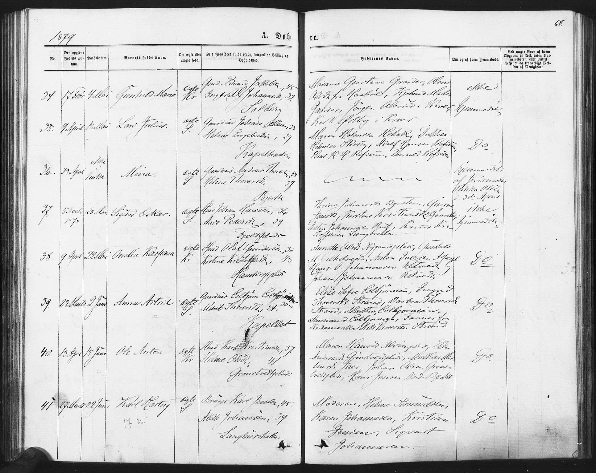 Kråkstad prestekontor Kirkebøker, SAO/A-10125a/F/Fa/L0008: Parish register (official) no. I 8, 1870-1879, p. 68