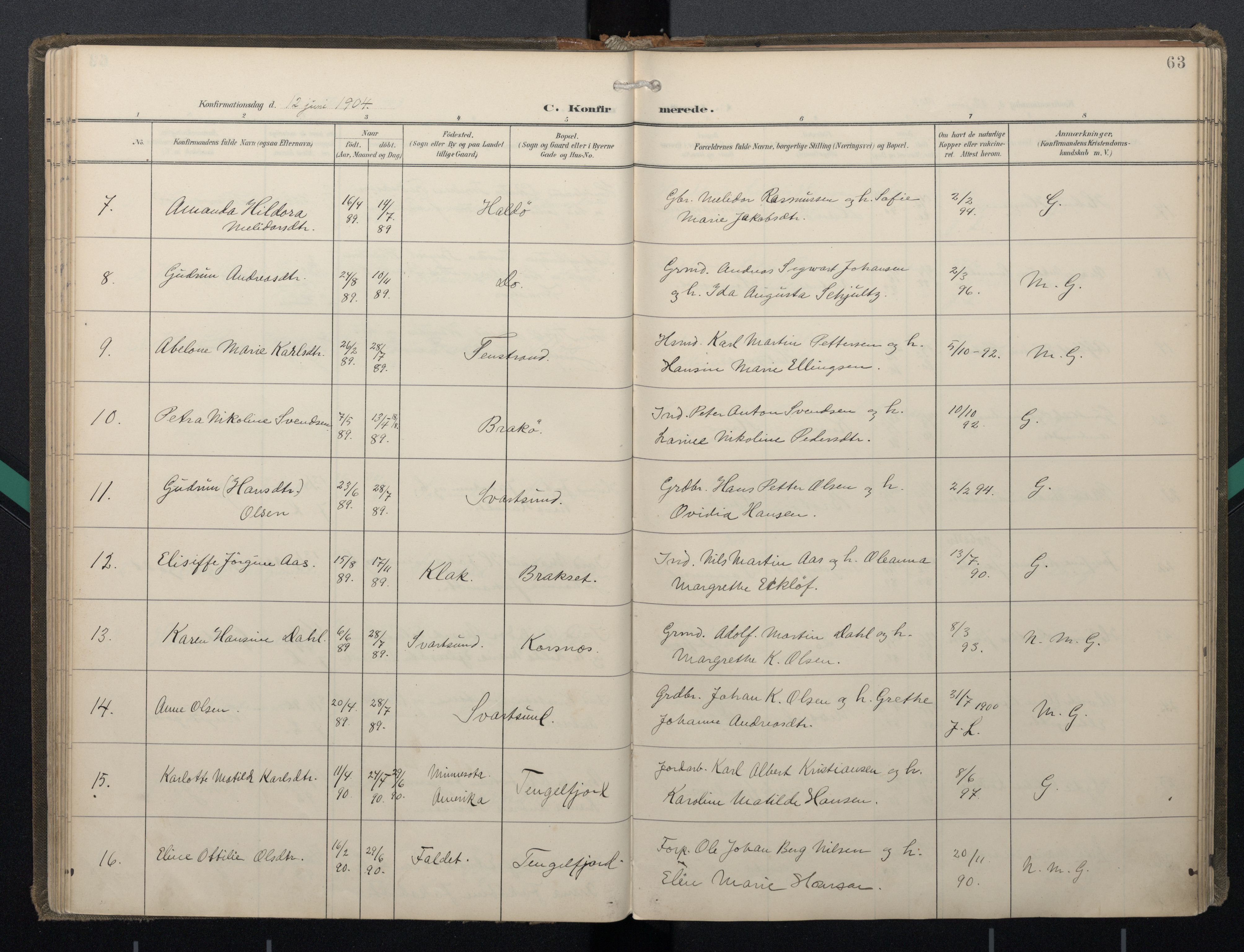 Ministerialprotokoller, klokkerbøker og fødselsregistre - Nordland, AV/SAT-A-1459/888/L1247: Parish register (official) no. 888A13, 1900-1911, p. 63