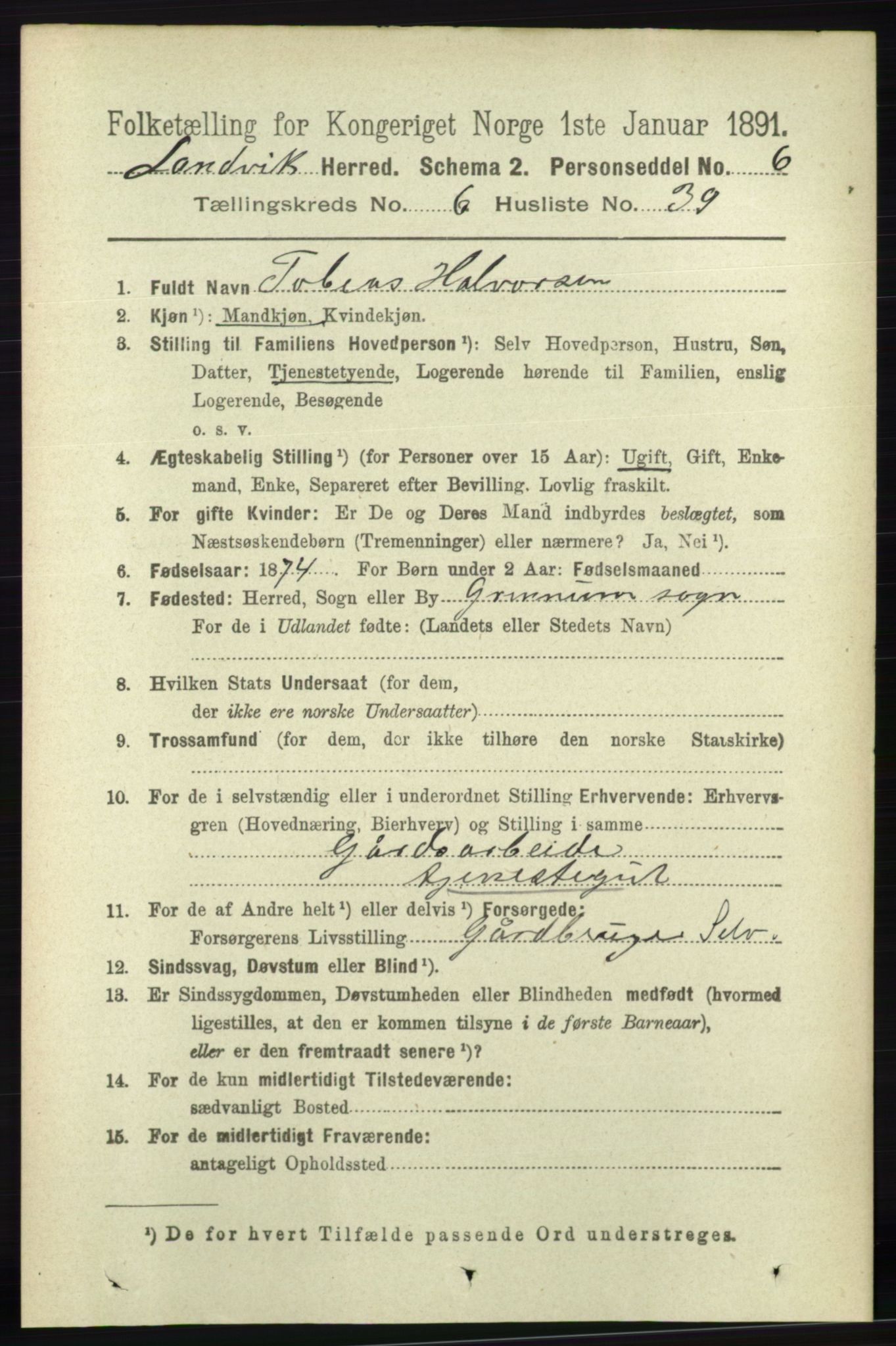 RA, 1891 census for 0924 Landvik, 1891, p. 2716