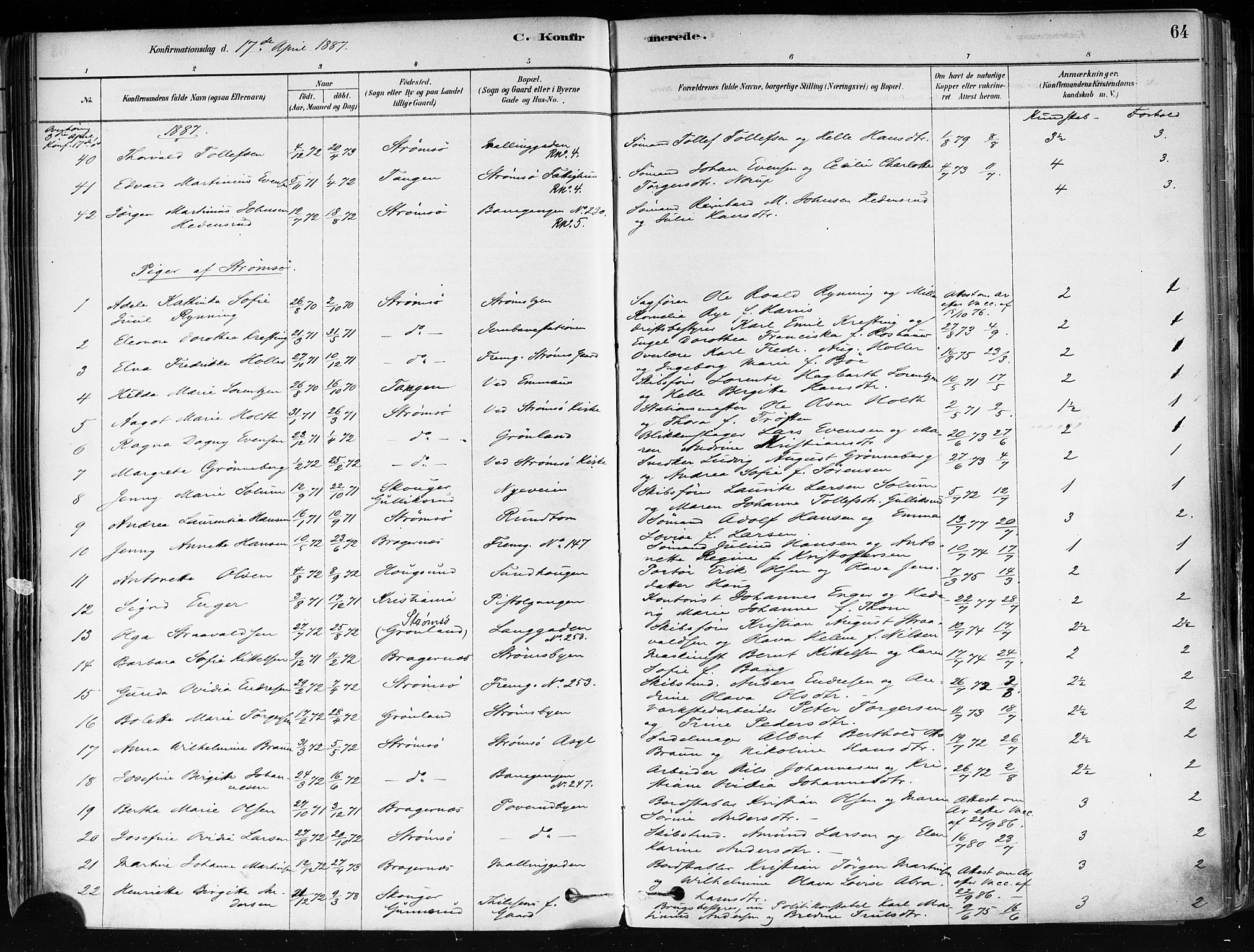 Strømsø kirkebøker, AV/SAKO-A-246/F/Fa/L0022: Parish register (official) no. I 22, 1879-1899, p. 64