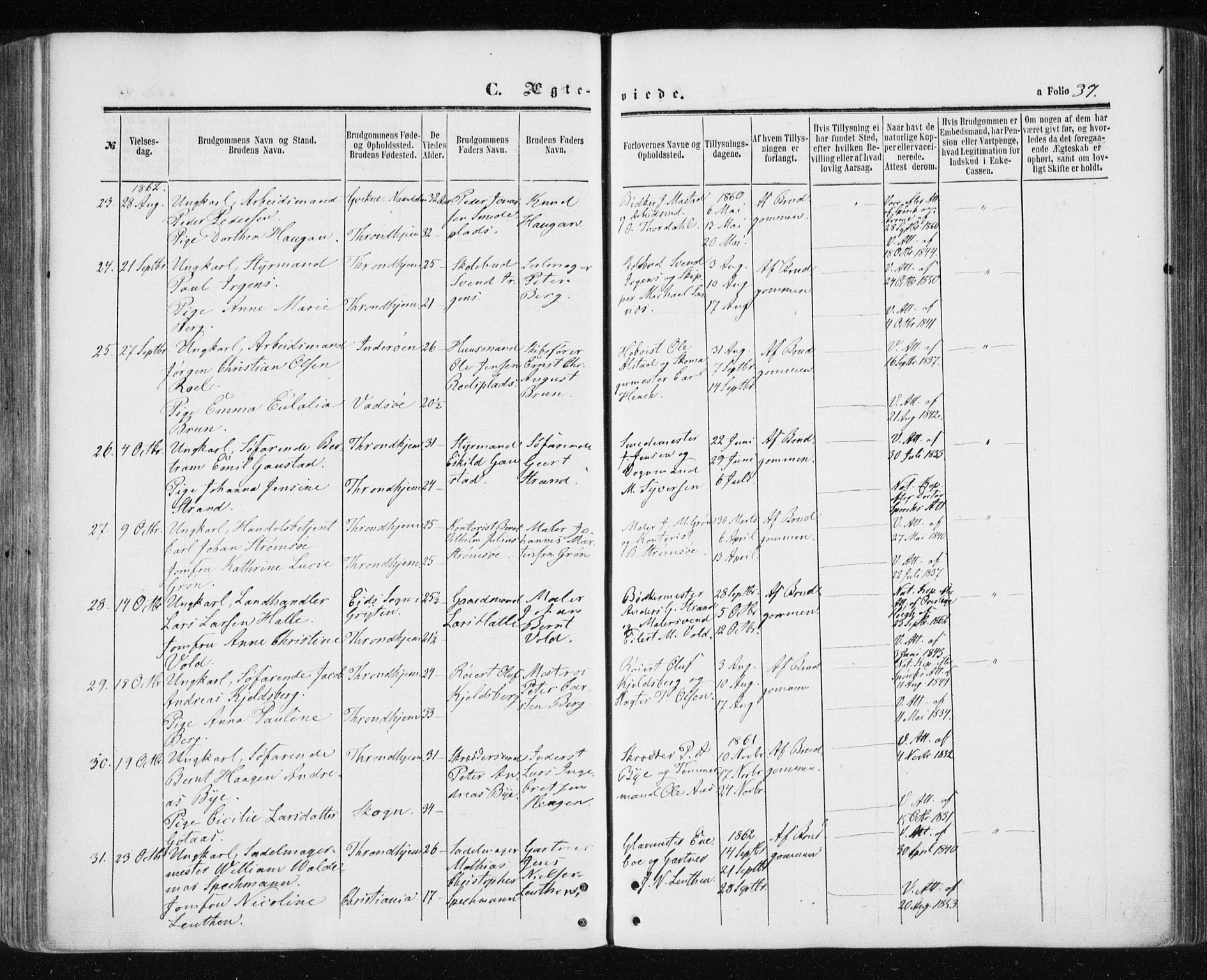 Ministerialprotokoller, klokkerbøker og fødselsregistre - Sør-Trøndelag, SAT/A-1456/601/L0053: Parish register (official) no. 601A21, 1857-1865, p. 37