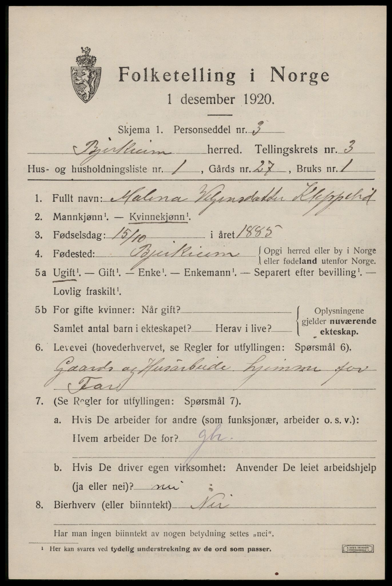 SAST, 1920 census for Bjerkreim, 1920, p. 1620