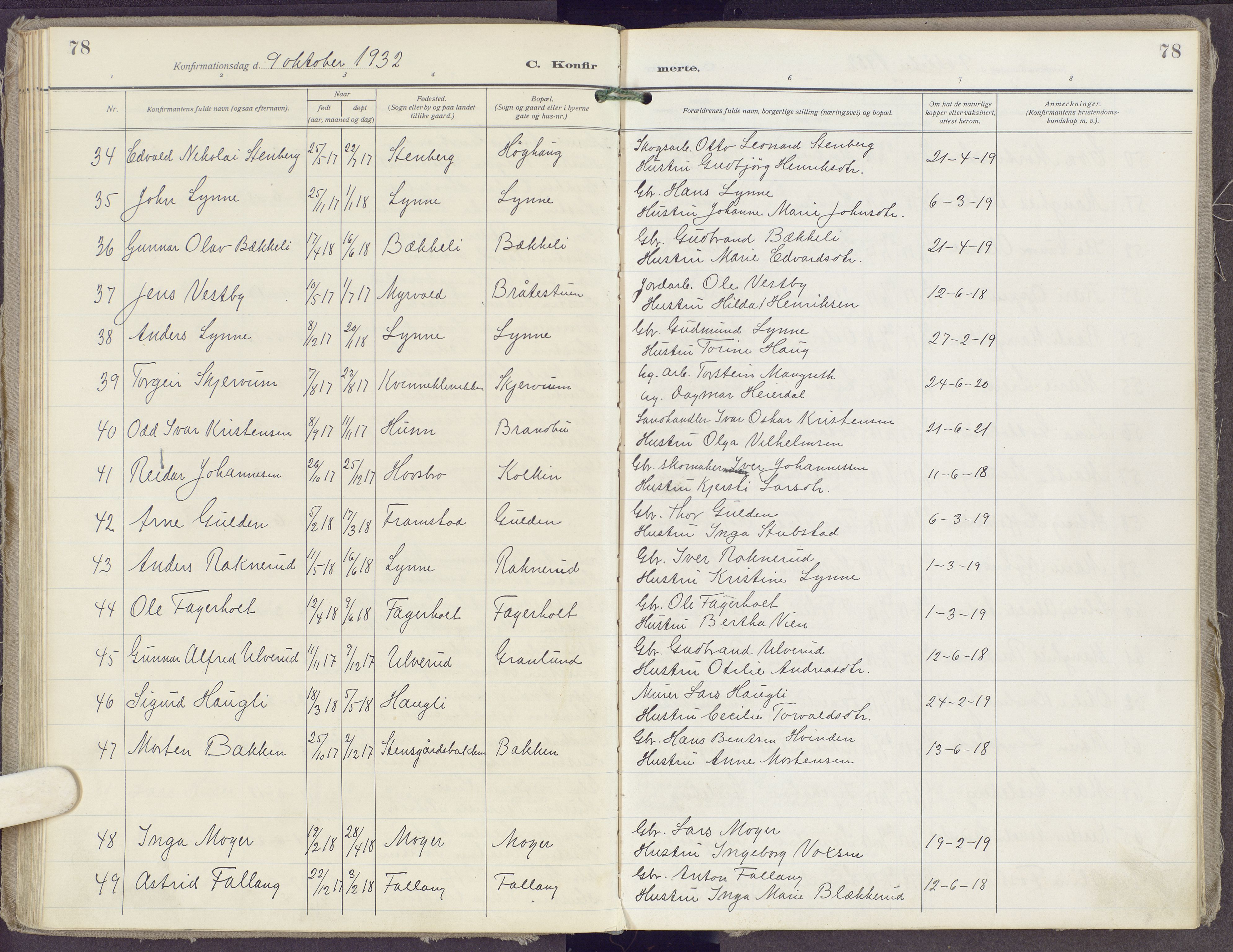 Gran prestekontor, AV/SAH-PREST-112/H/Ha/Haa/L0023: Parish register (official) no. 23, 1919-1938, p. 78