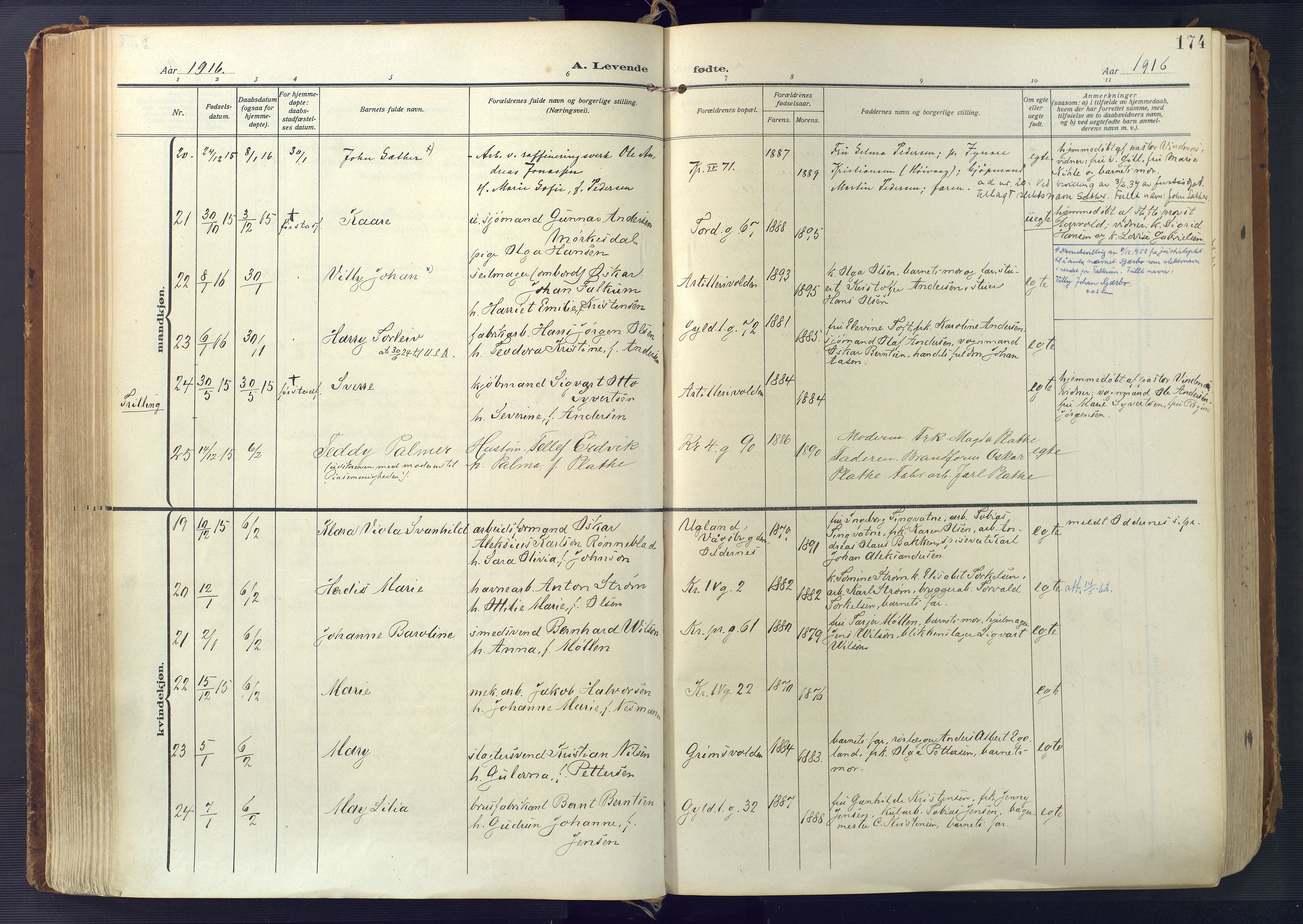 Kristiansand domprosti, AV/SAK-1112-0006/F/Fa/L0023: Parish register (official) no. A 22, 1909-1917, p. 174