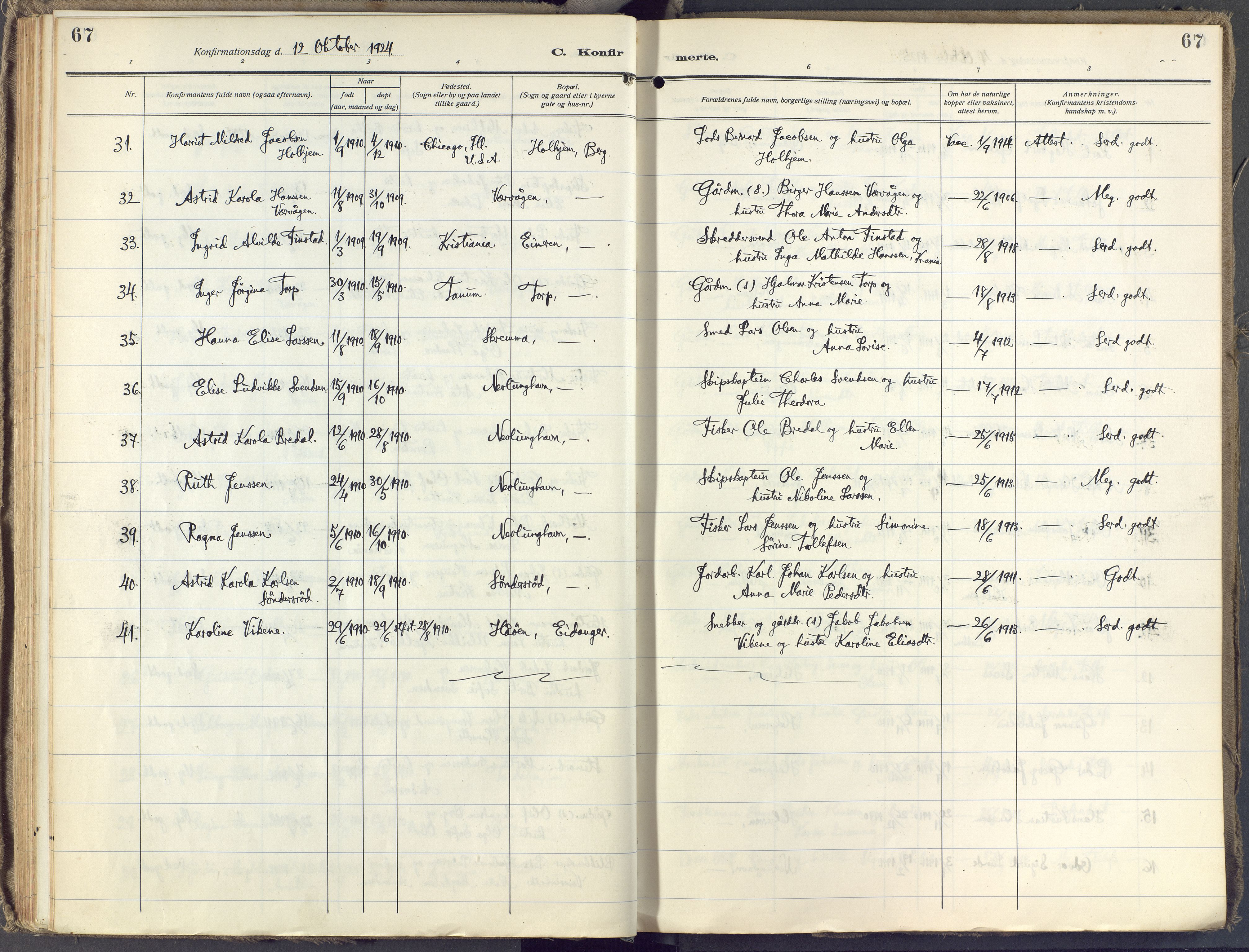 Brunlanes kirkebøker, AV/SAKO-A-342/F/Fb/L0004: Parish register (official) no. II 4, 1923-1940, p. 67