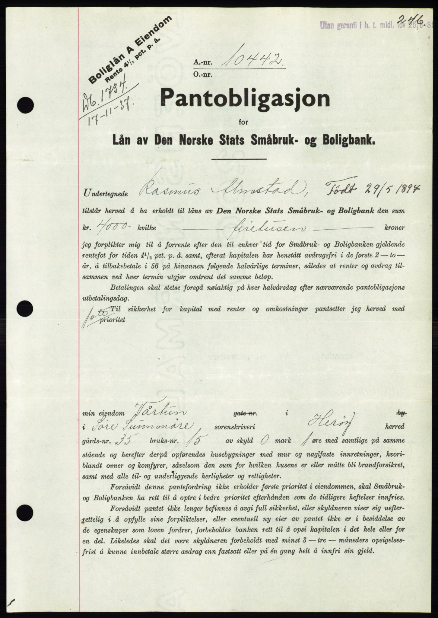 Søre Sunnmøre sorenskriveri, AV/SAT-A-4122/1/2/2C/L0064: Mortgage book no. 58, 1937-1938, Diary no: : 1734/1937