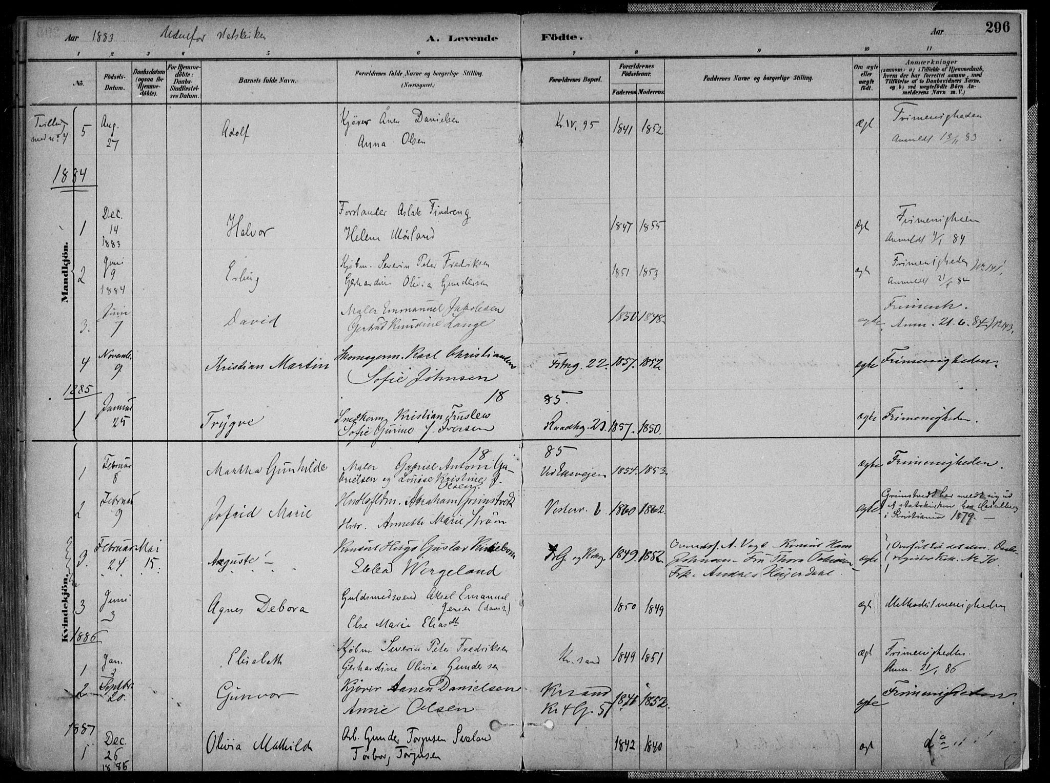 Kristiansand domprosti, SAK/1112-0006/F/Fa/L0016: Parish register (official) no. A 16A, 1880-1890, p. 296
